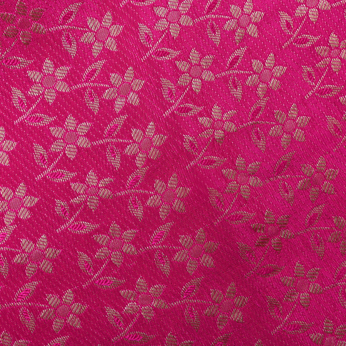 Fuchsia Pink Gold Zari Floral Weave Banarasi Silk Fabric