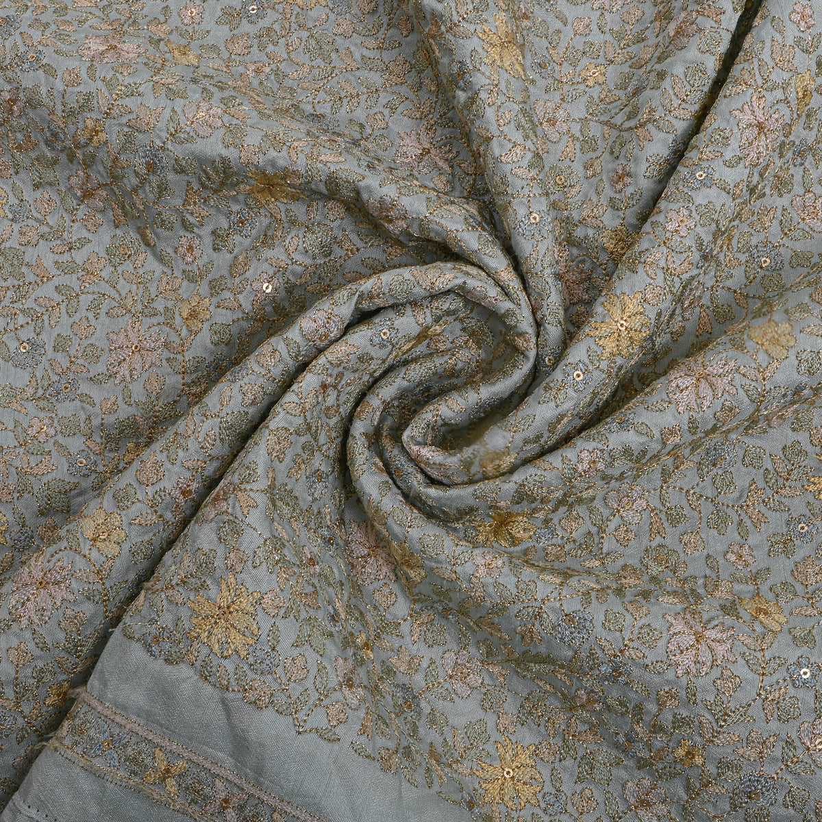 Steel Blue Gold Floral Jaal Thread Work Silk Fabric