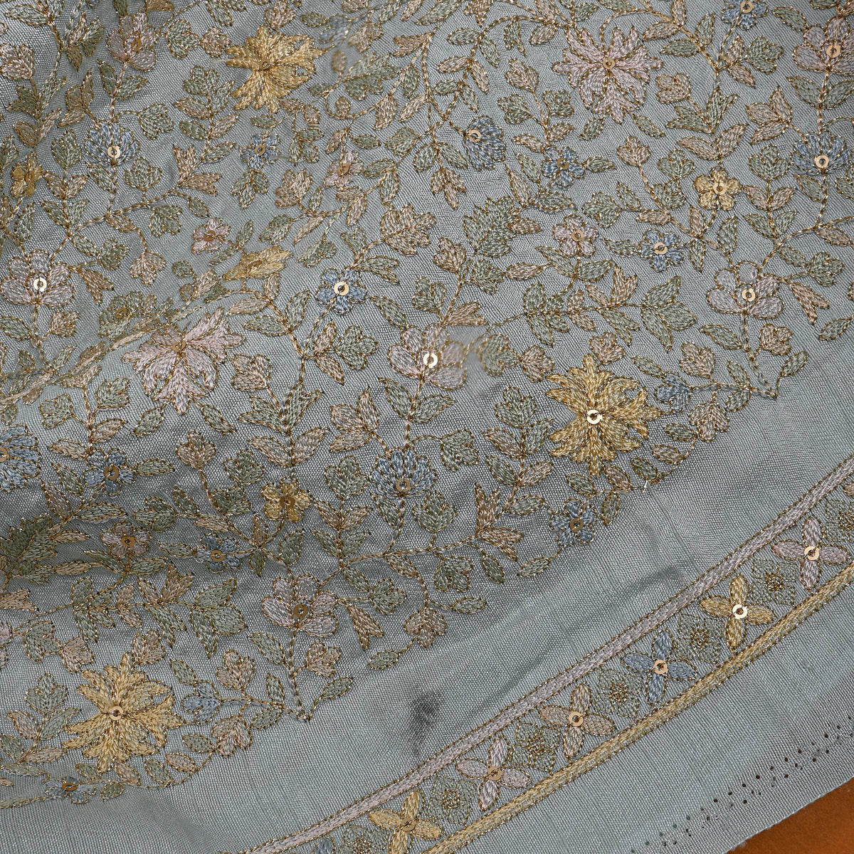 Steel Blue Gold Floral Jaal Thread Work Silk Fabric