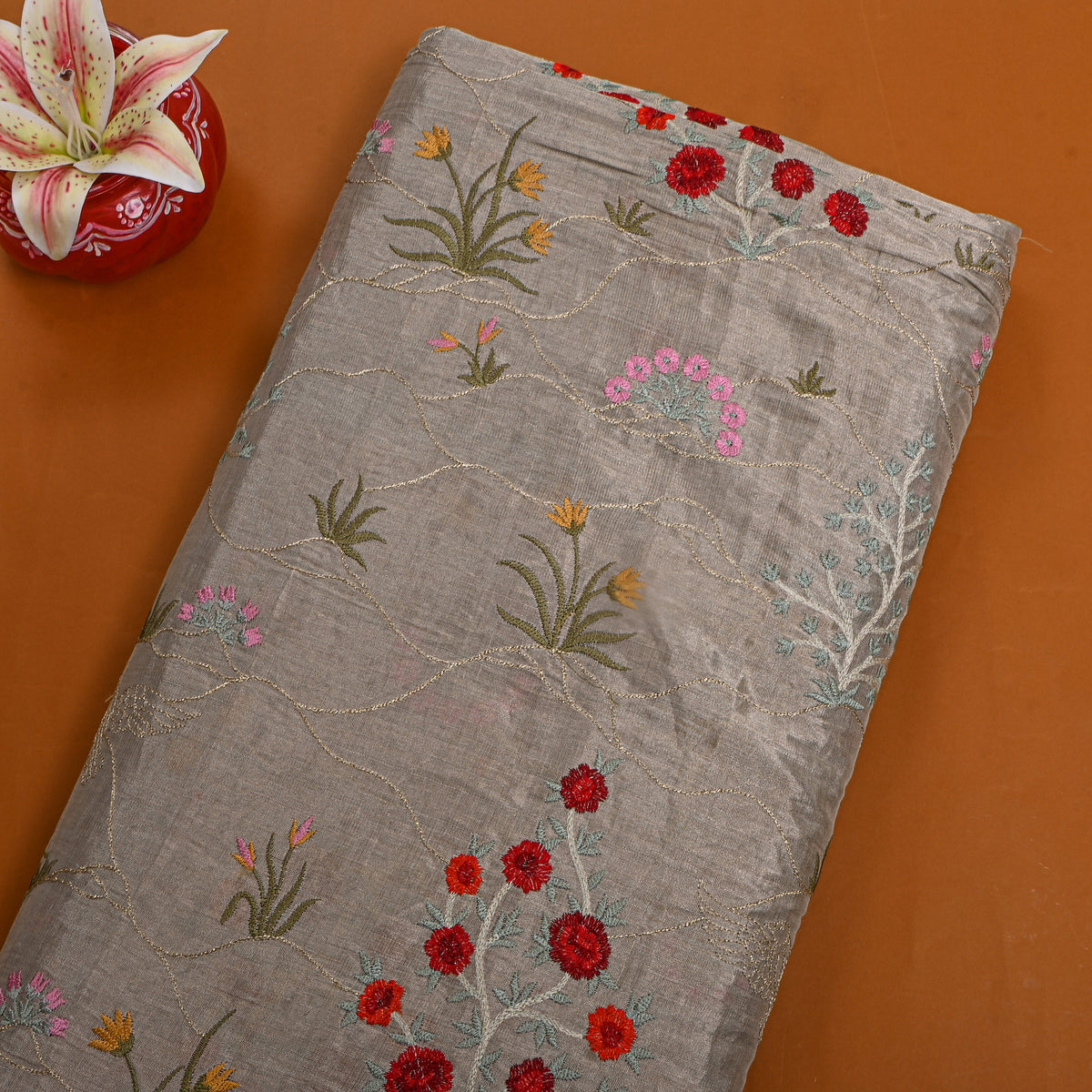 Grey Gold Floral Thread Work Tissue Fabric