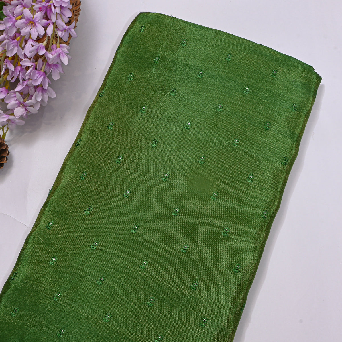 Bottle Green Floral Butti Thread Work Tissue Fabric