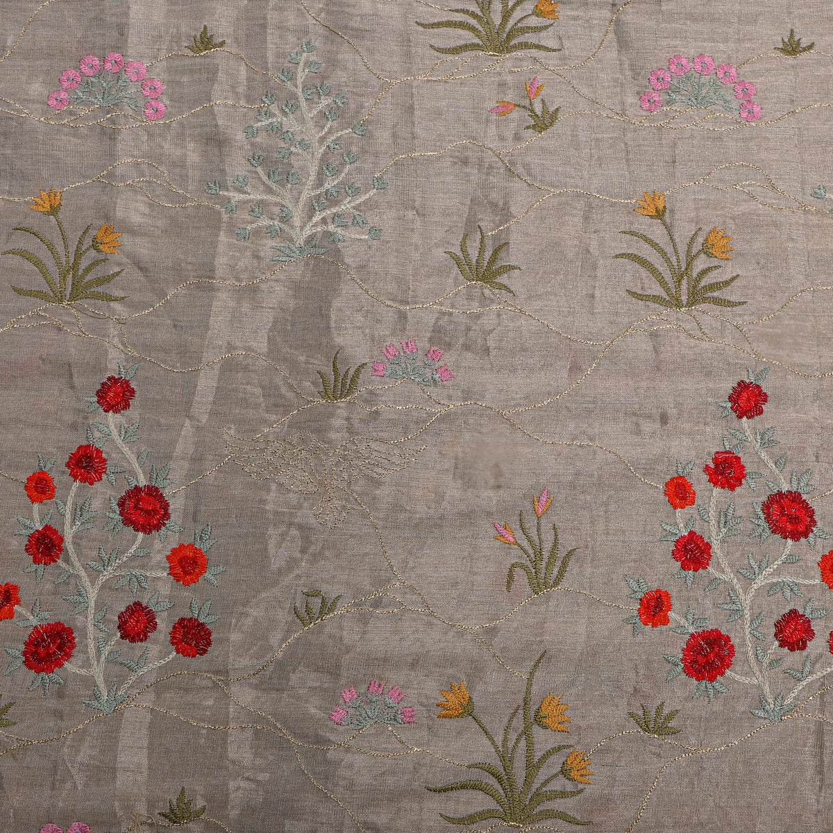 Grey Gold Floral Thread Work Tissue Fabric