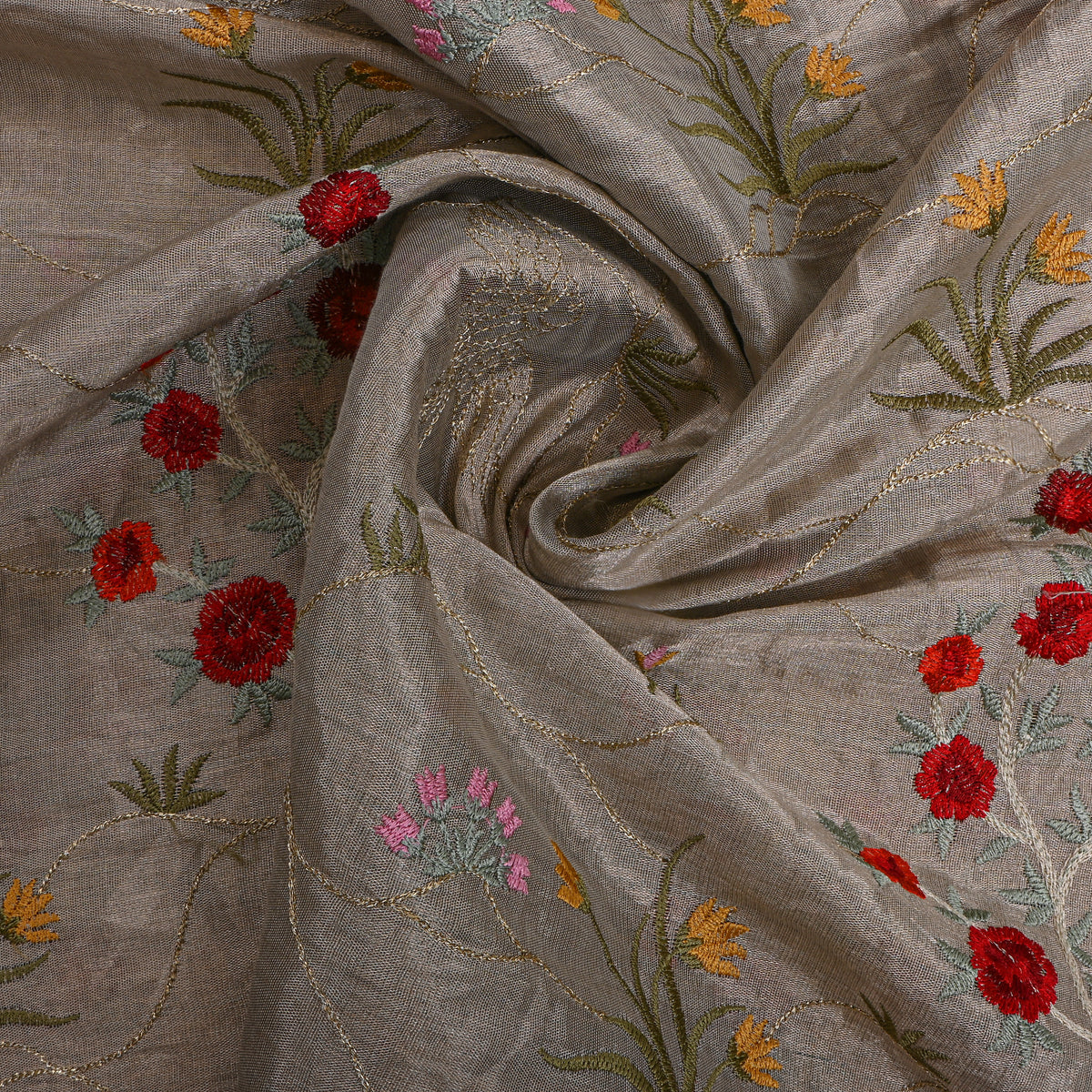 Grey Gold Floral Thread Work Tissue Fabric