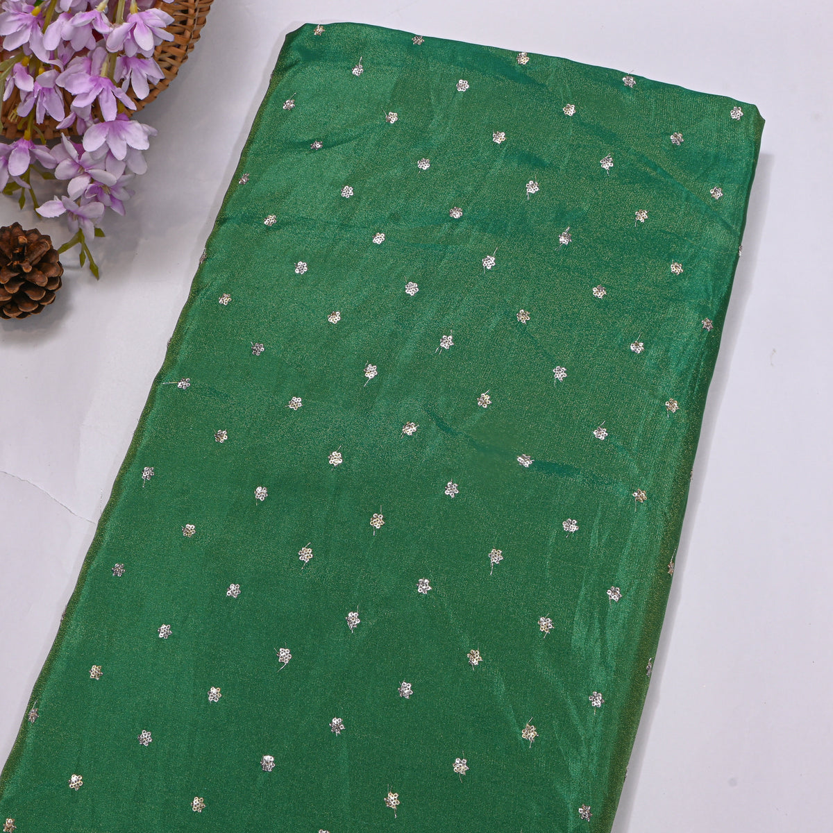 Emerald Green Silver Sequin Floral Butti Tissue Fabric
