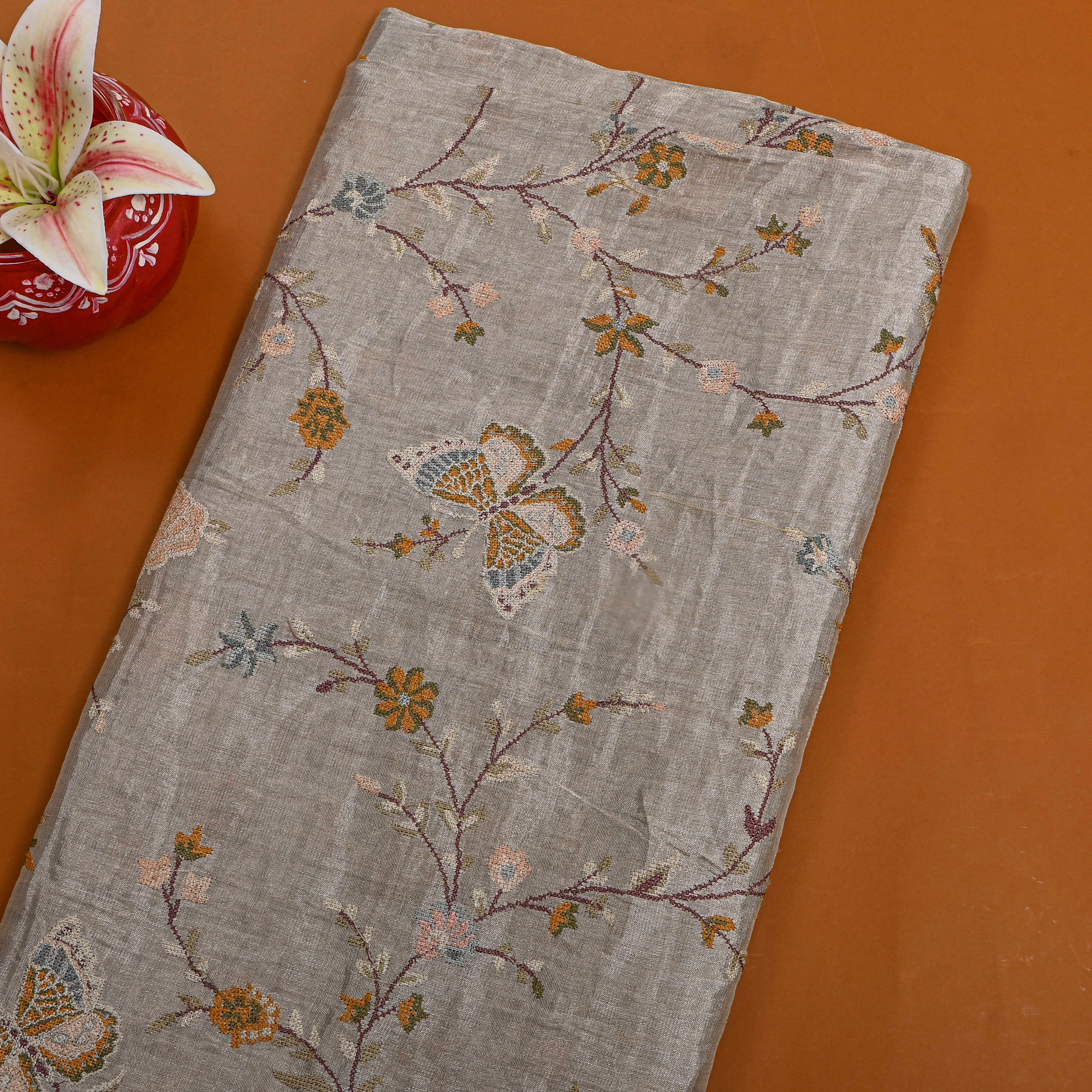 Dark Grey Tissue Fabric With Connected Floral Jaal