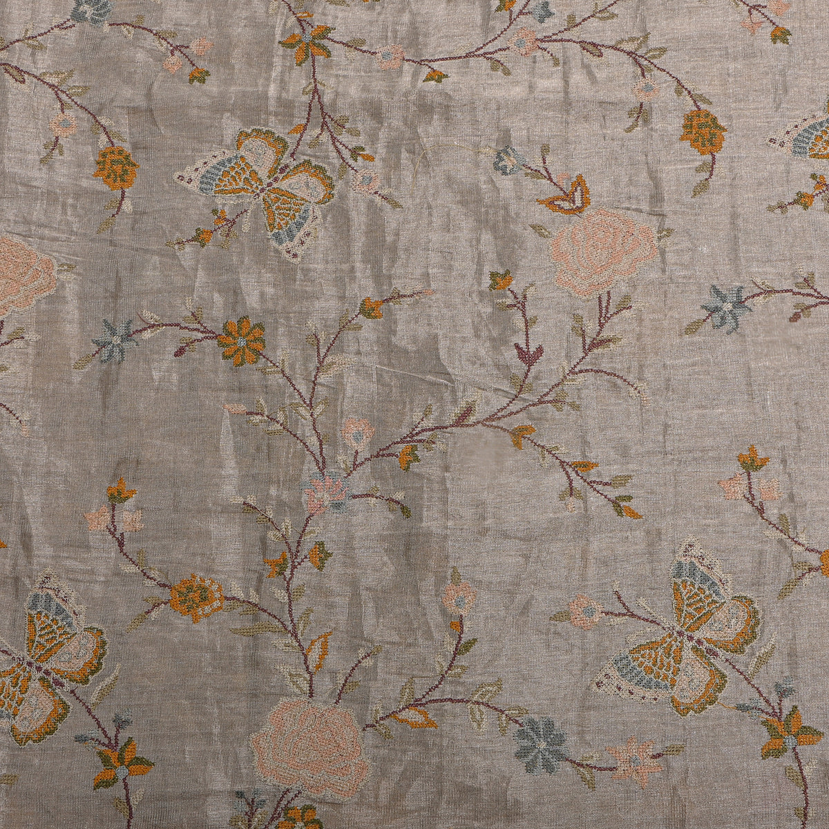 Dark Grey Tissue Fabric With Connected Floral Jaal
