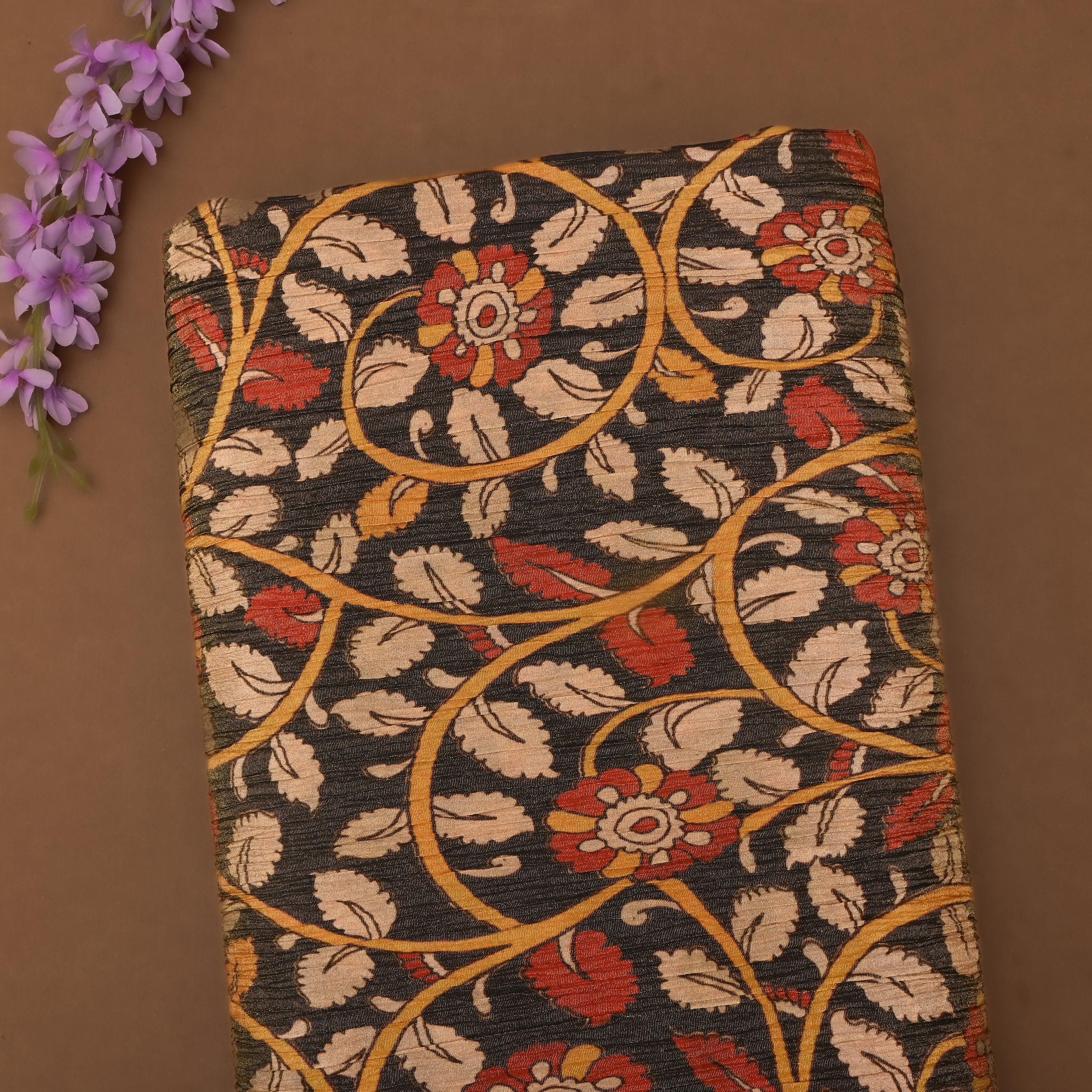 Slate Black Tissue Fabric With Floral Prints