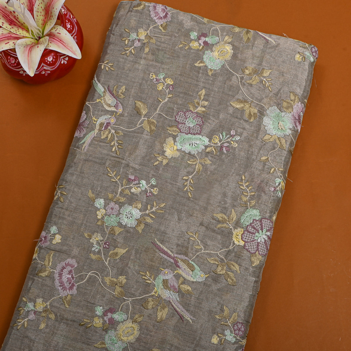 Gray Floral Jall Bird Thread Work Tissue Fabric