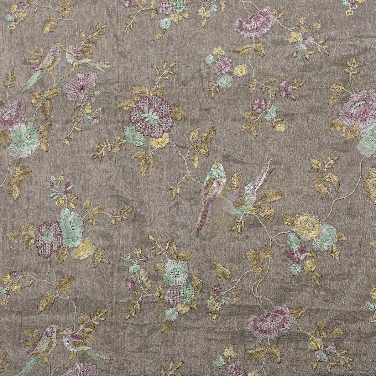 Gray Floral Jall Bird Thread Work Tissue Fabric