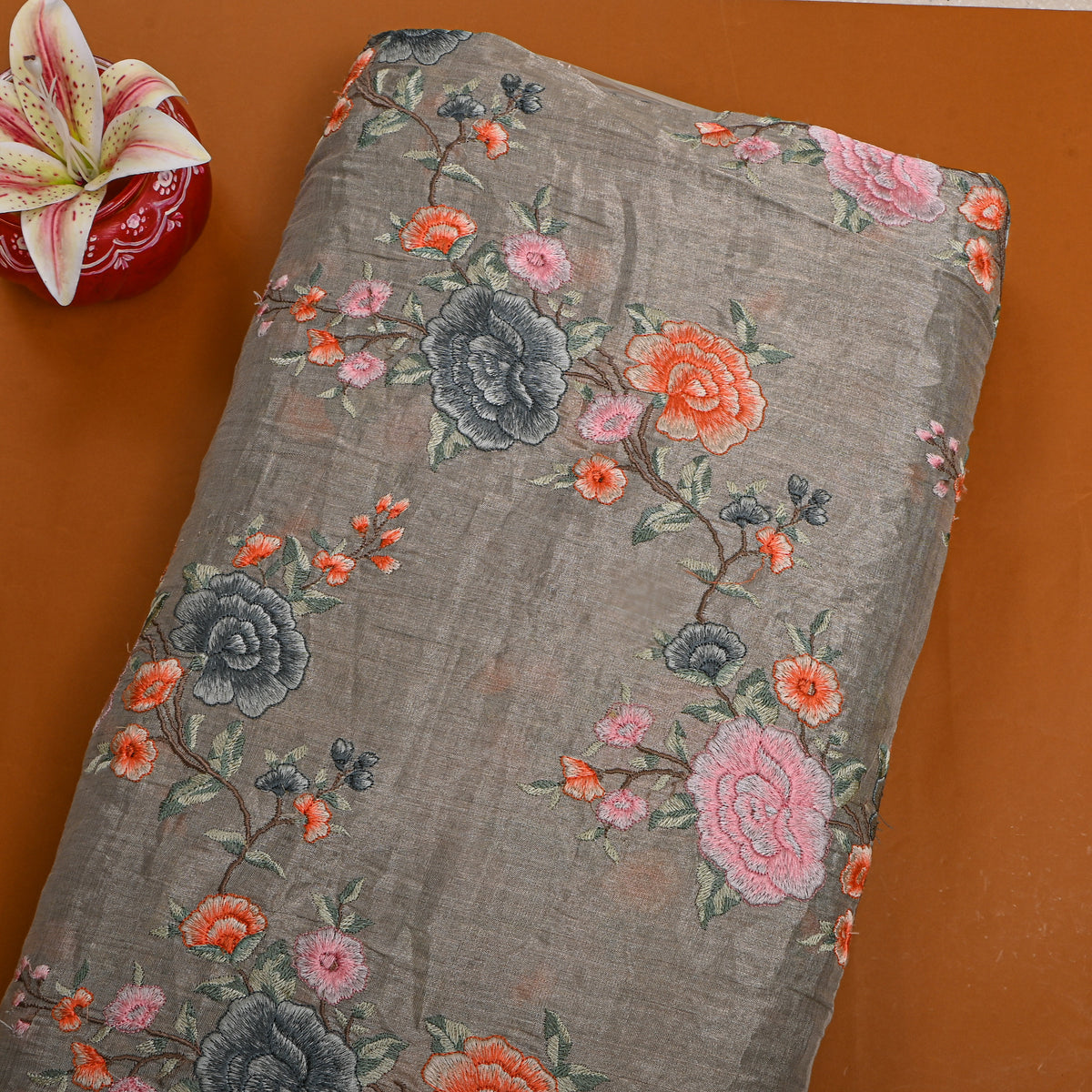 Gray Rose Jaal Thread Work Tissue Fabric