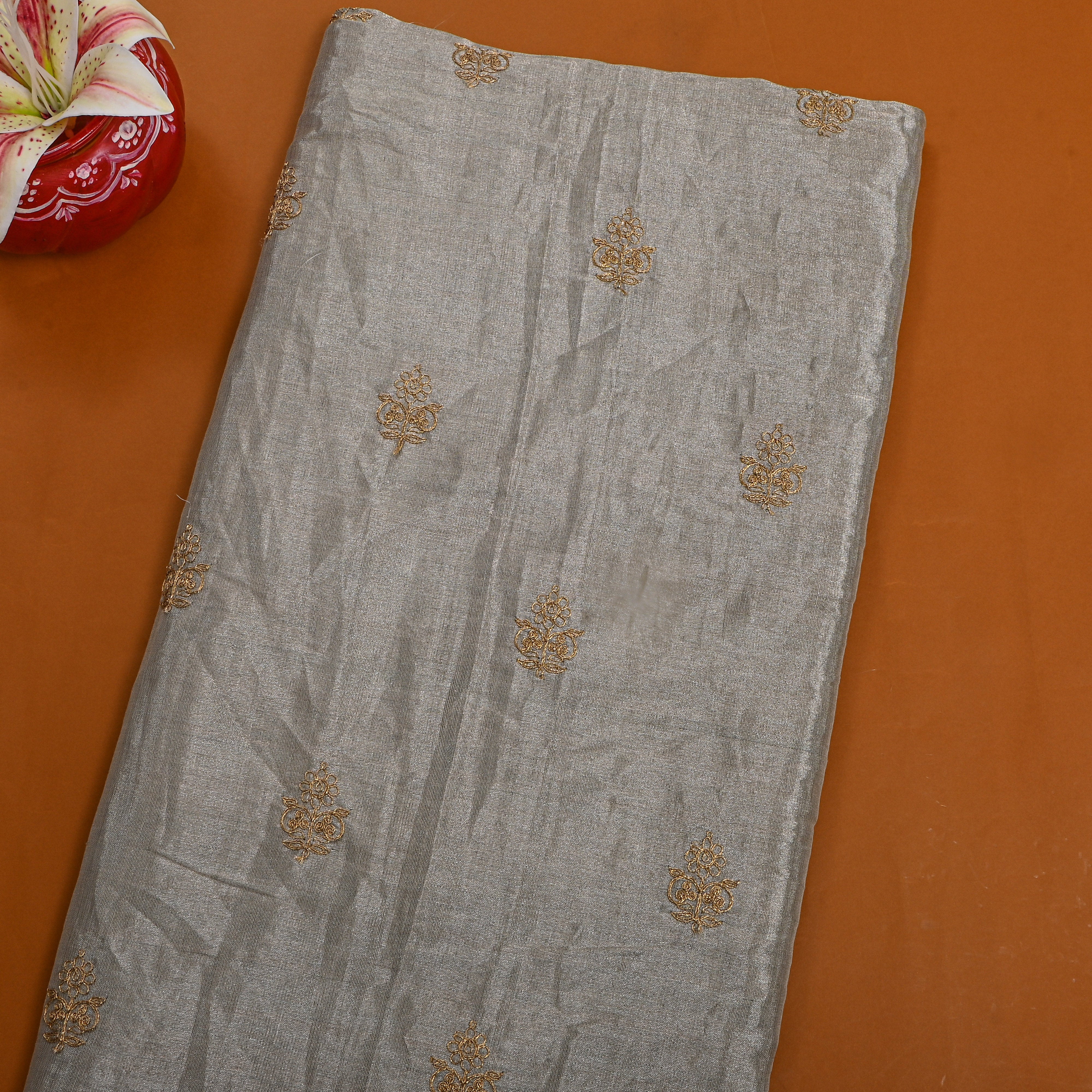 Dark Grey Scattered Gold Zari Butti Tissue Fabric