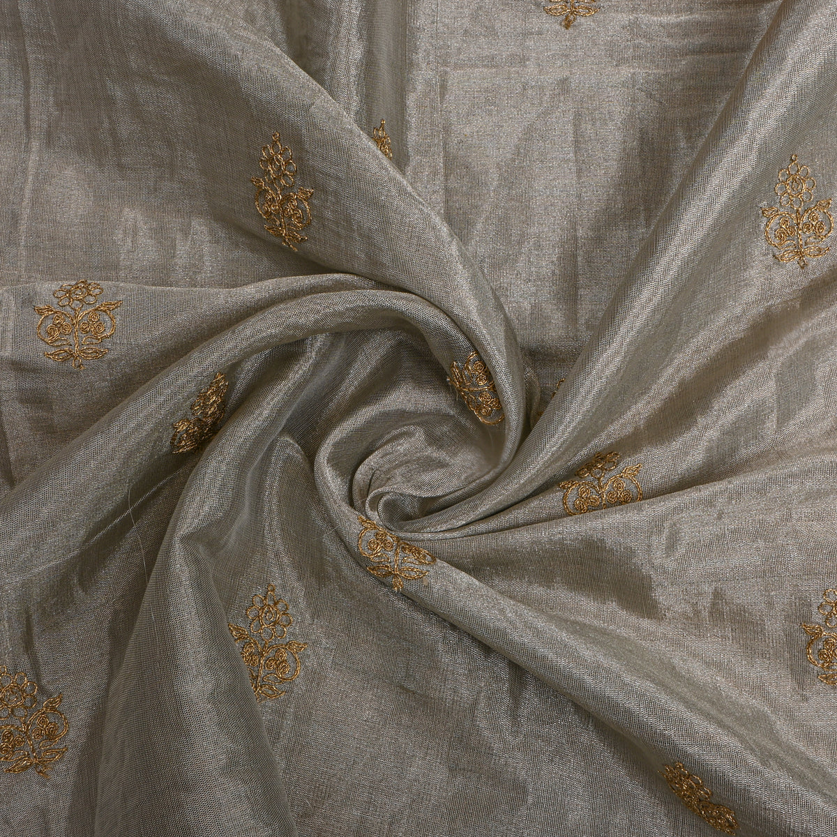 Dark Grey Scattered Gold Zari Butti Tissue Fabric