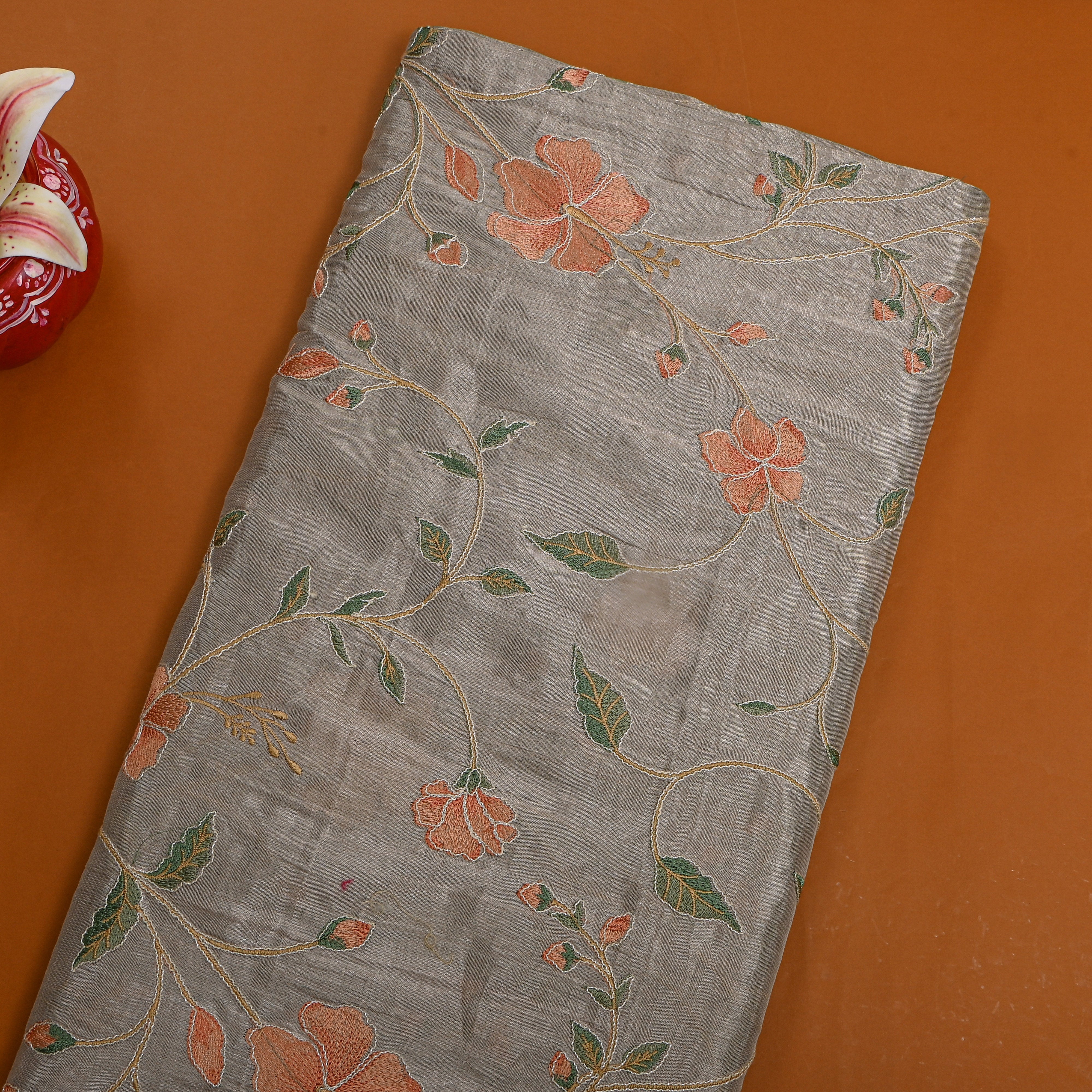 Dark Grey Tissue Fabric With Floral Jaal Thread Work