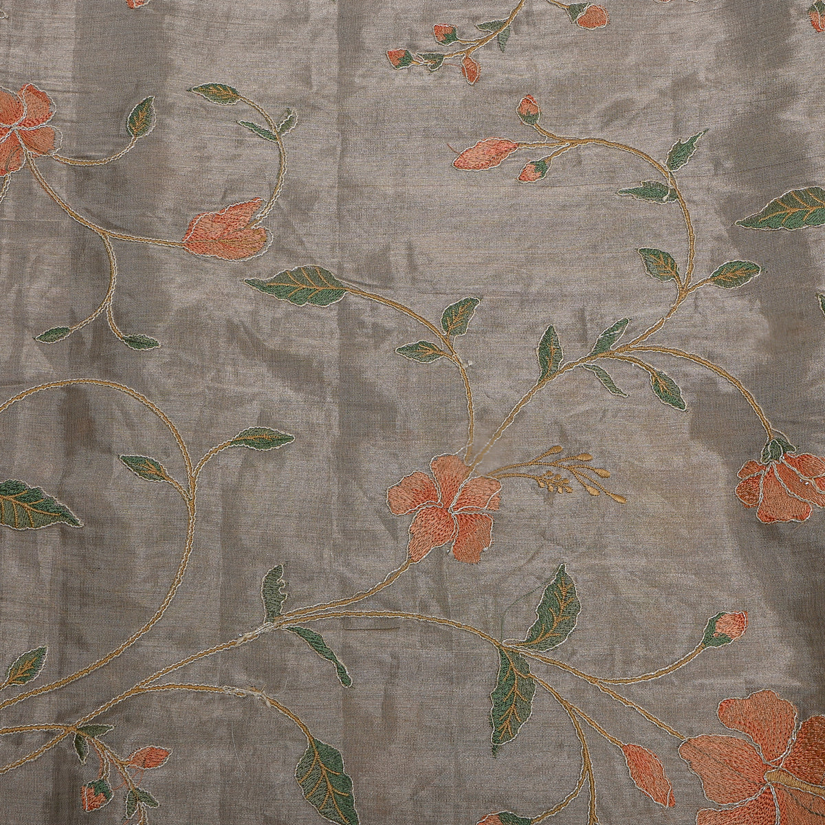 Dark Grey Tissue Fabric With Floral Jaal Thread Work