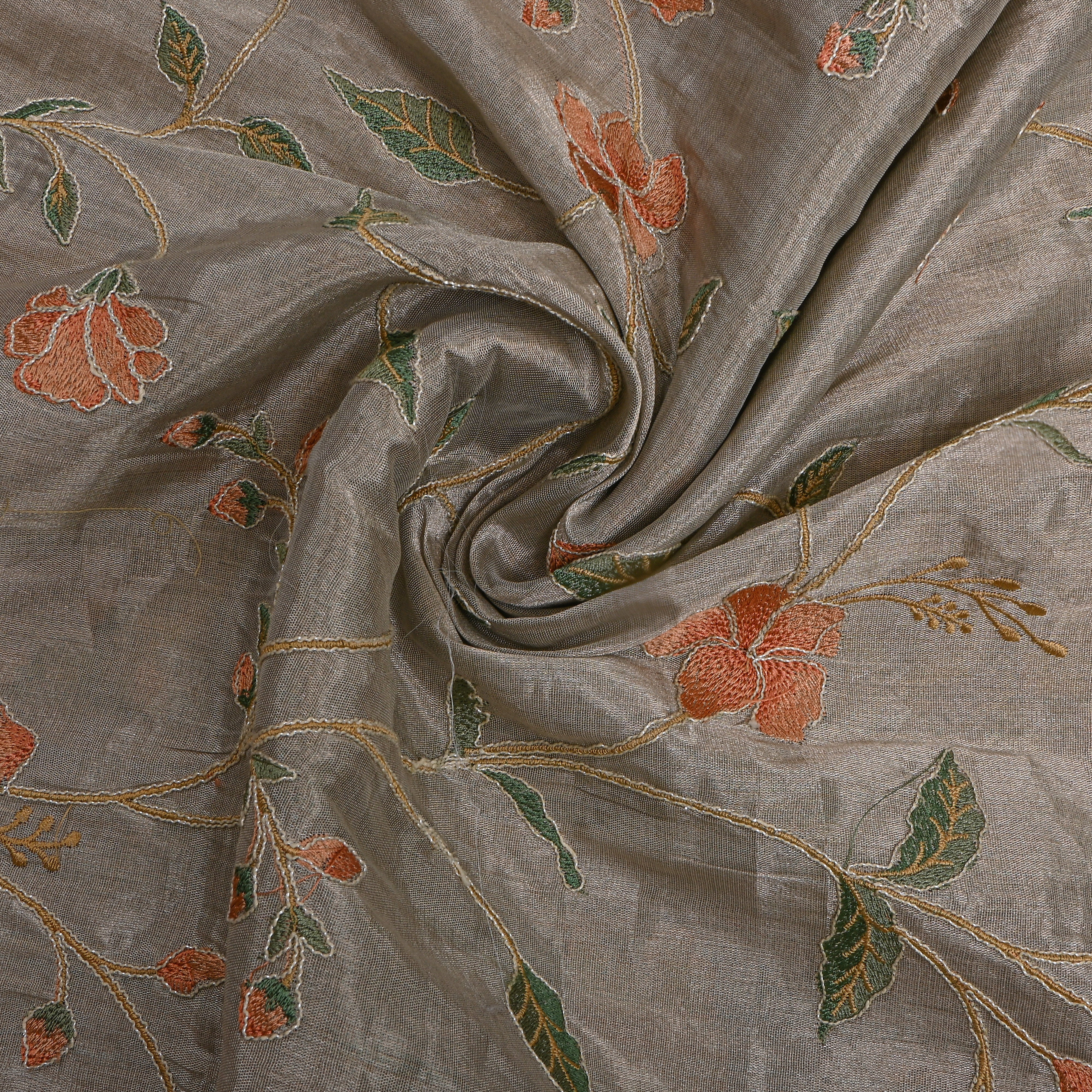Dark Grey Tissue Fabric With Floral Jaal Thread Work