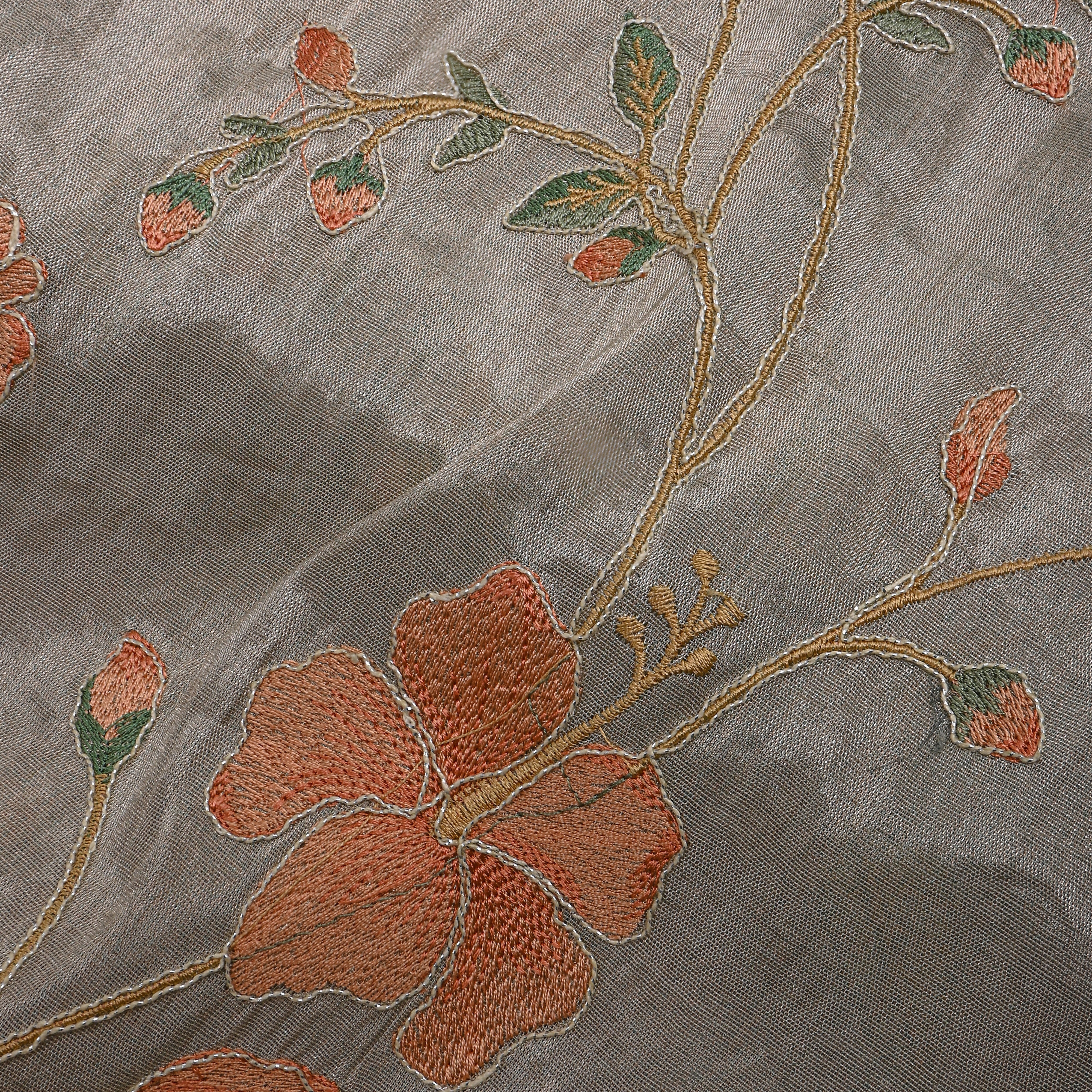 Dark Grey Tissue Fabric With Floral Jaal Thread Work