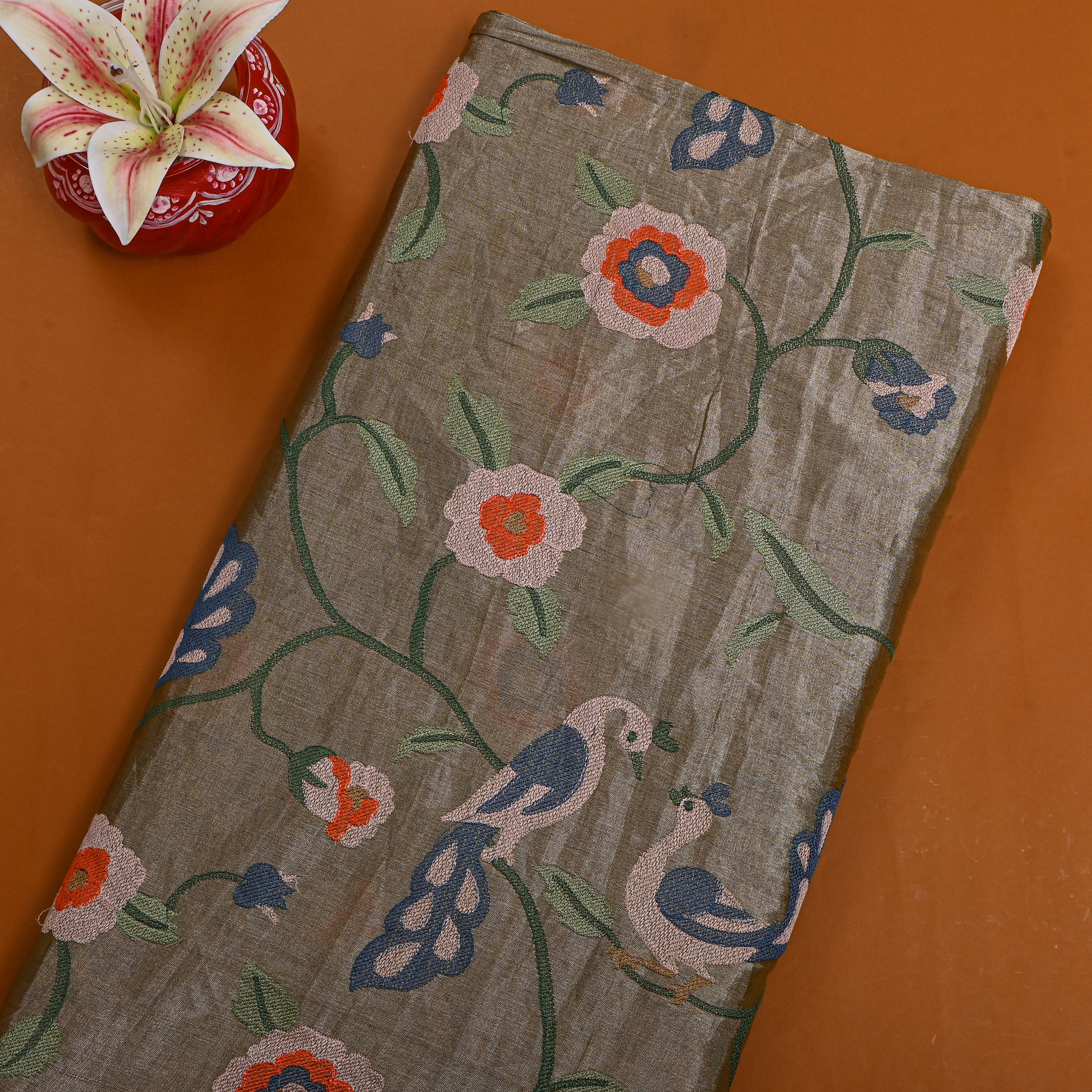 Grey Tissue Fabric With Floral Jaal Thread Work