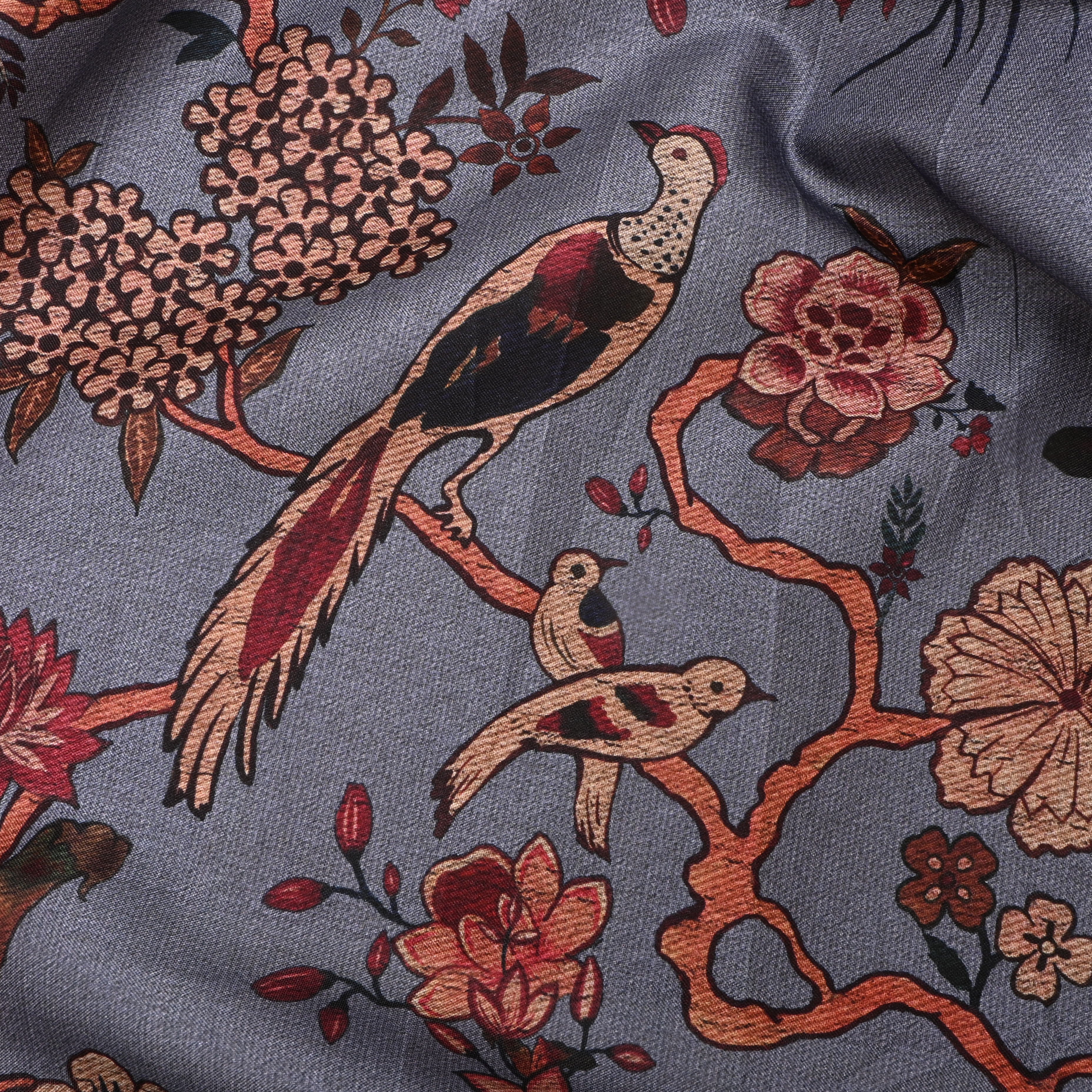 Cool Gray Tussar Fabric With Digital Prints