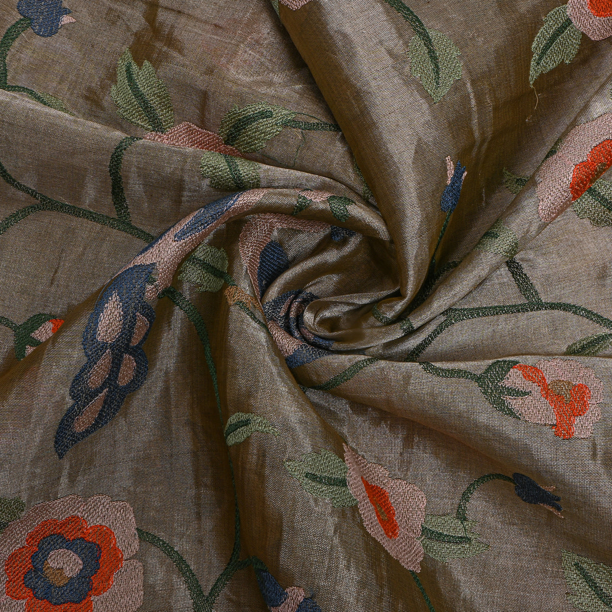 Grey Tissue Fabric With Floral Jaal Thread Work
