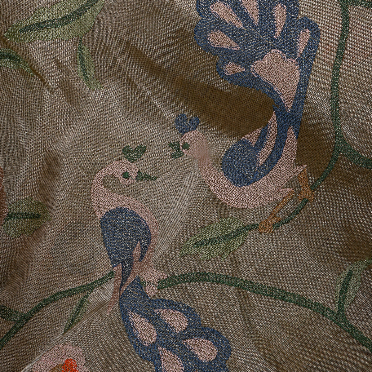 Grey Tissue Fabric With Floral Jaal Thread Work