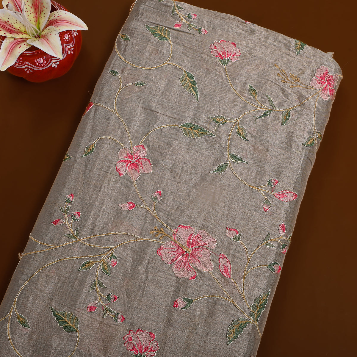 Gray Floral Jaal Thread Work Tissue Fabric