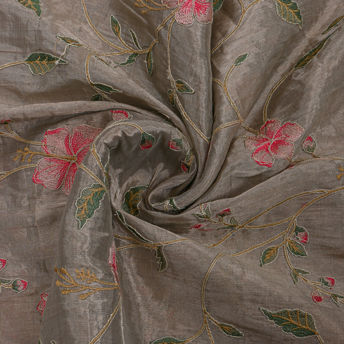 Gray Floral Jaal Thread Work Tissue Fabric