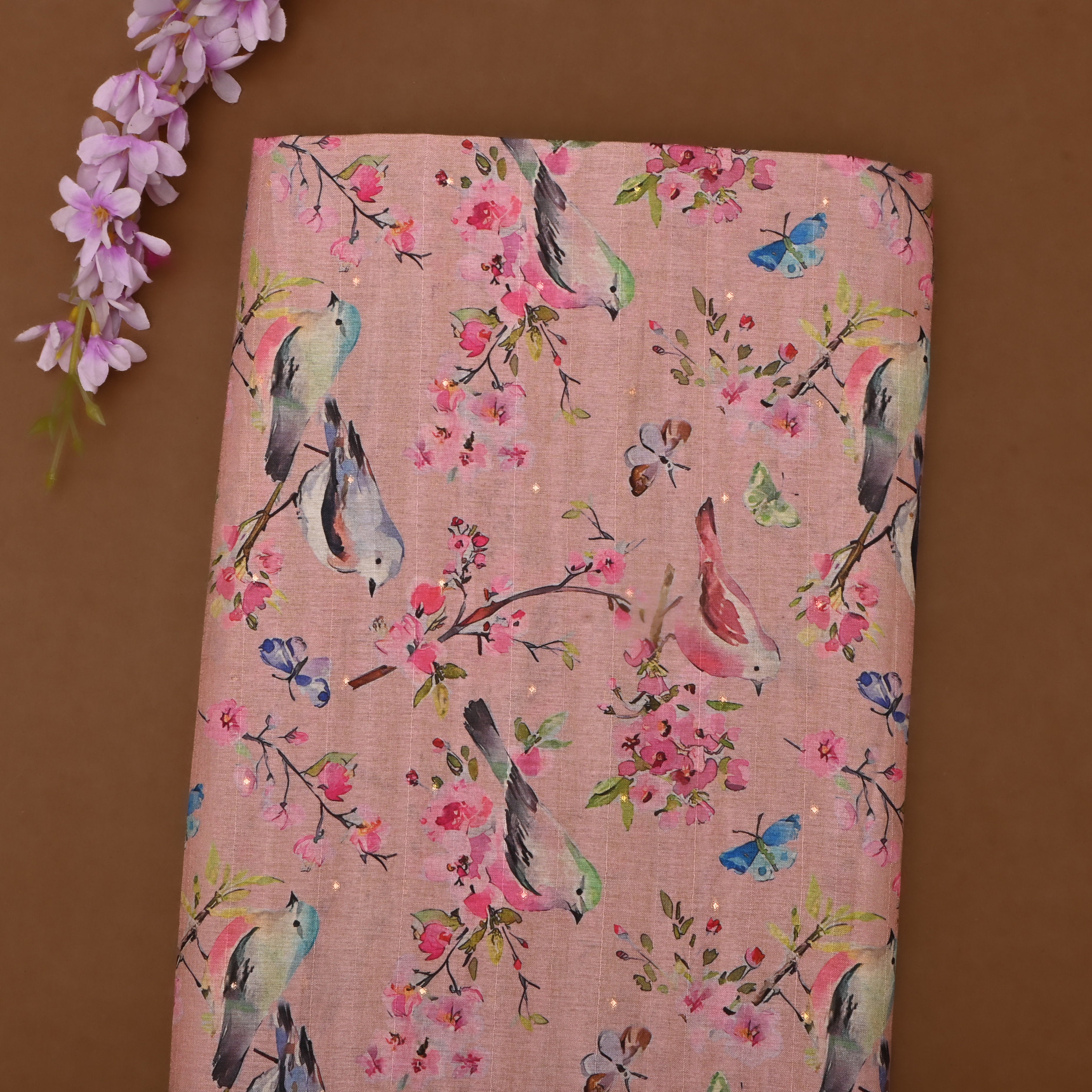 Slight Pink Tussar Fabric With Avian Prints
