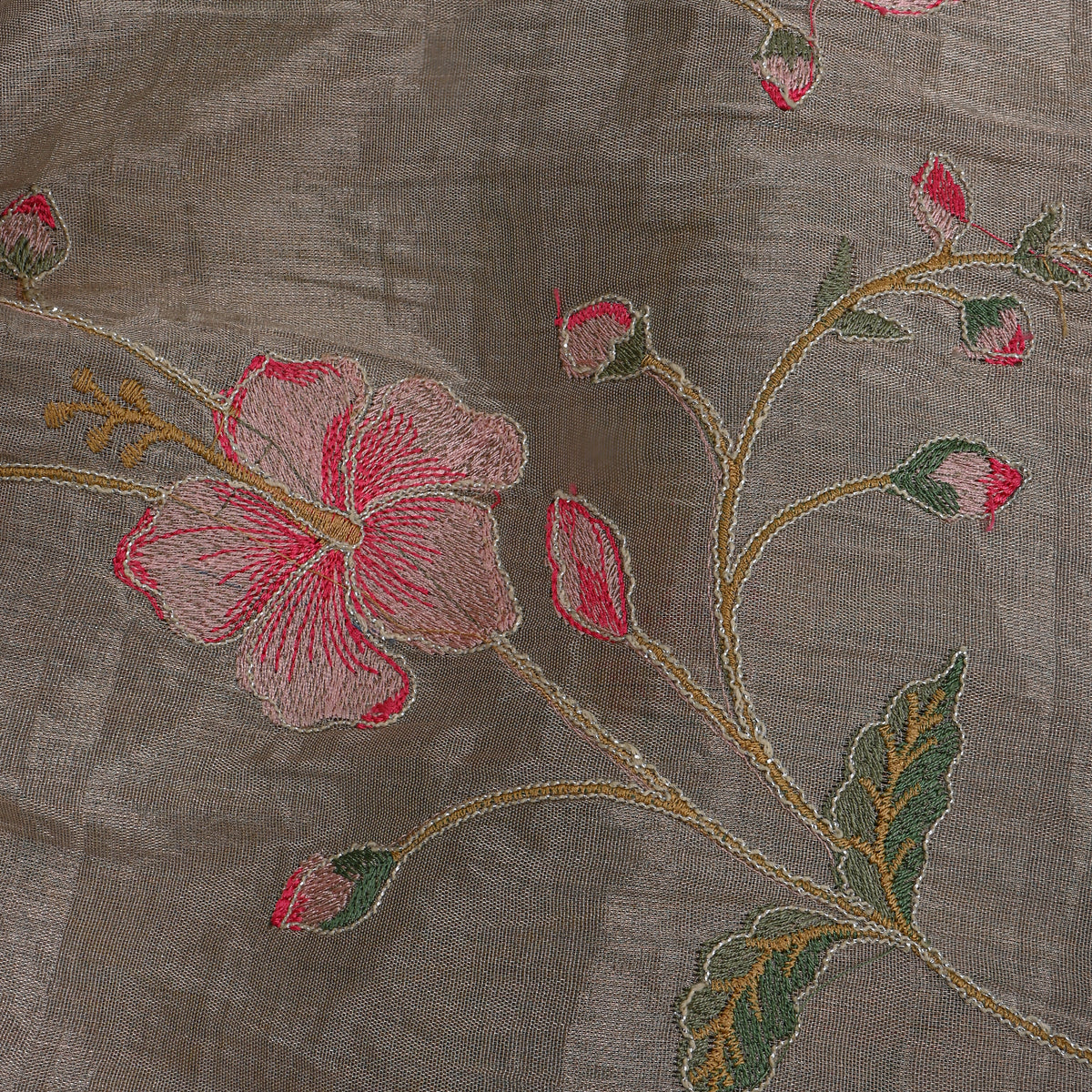 Gray Floral Jaal Thread Work Tissue Fabric