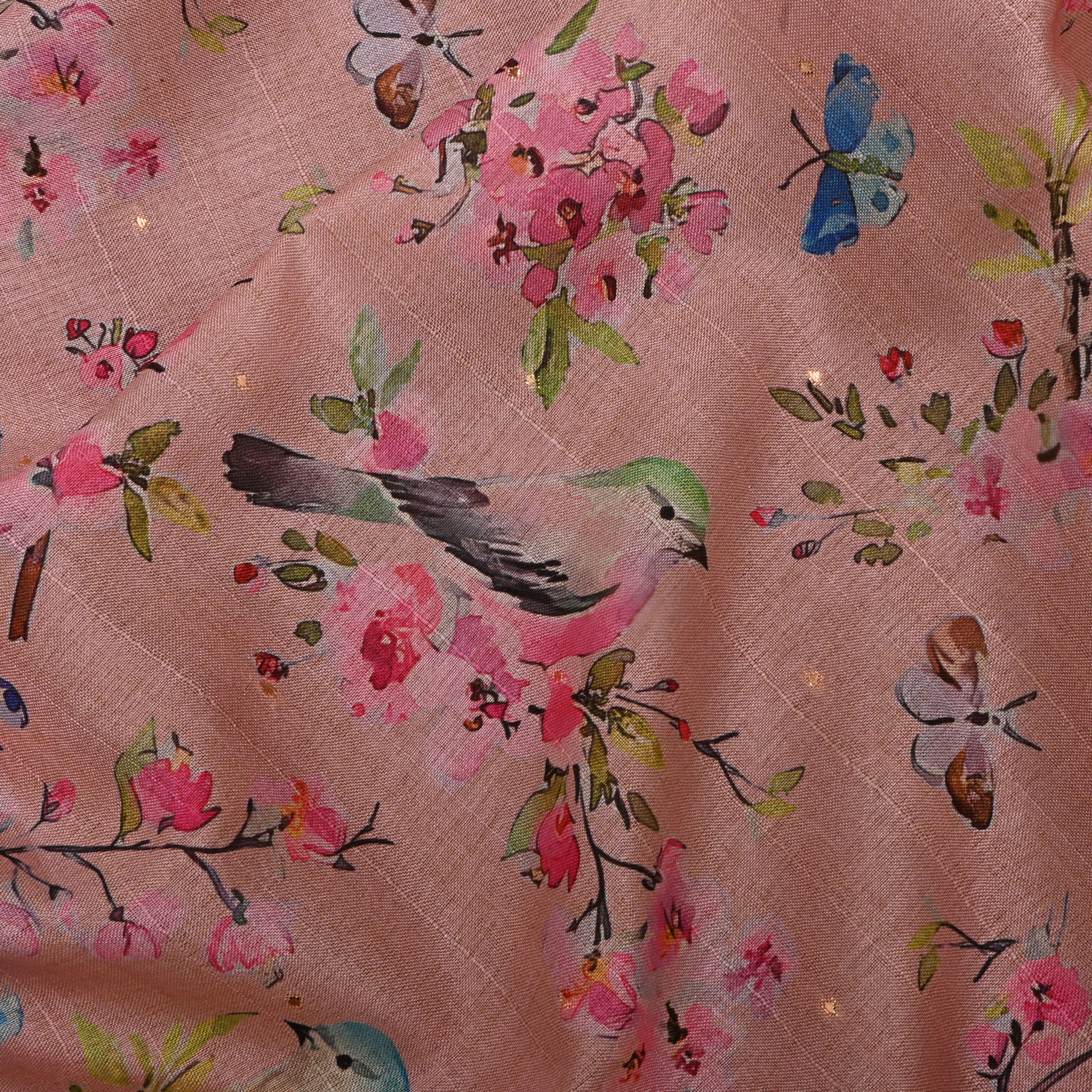 Slight Pink Tussar Fabric With Avian Prints