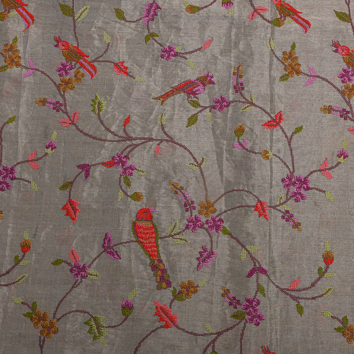 Grey Colourful Floral Jaal Bird Thread Work Tissue Fabric