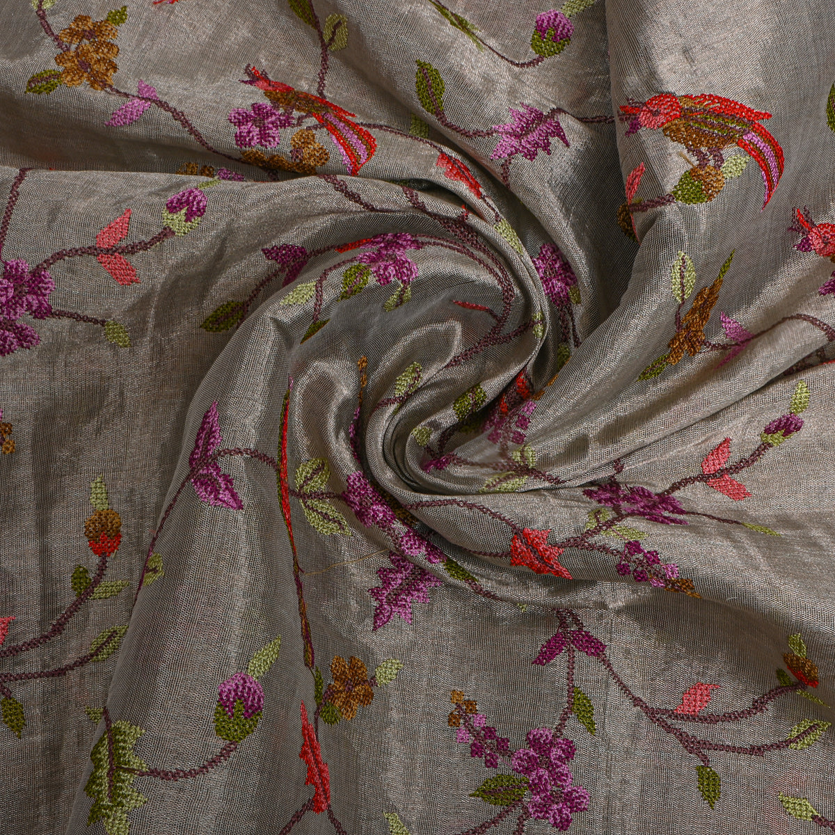 Grey Colourful Floral Jaal Bird Thread Work Tissue Fabric