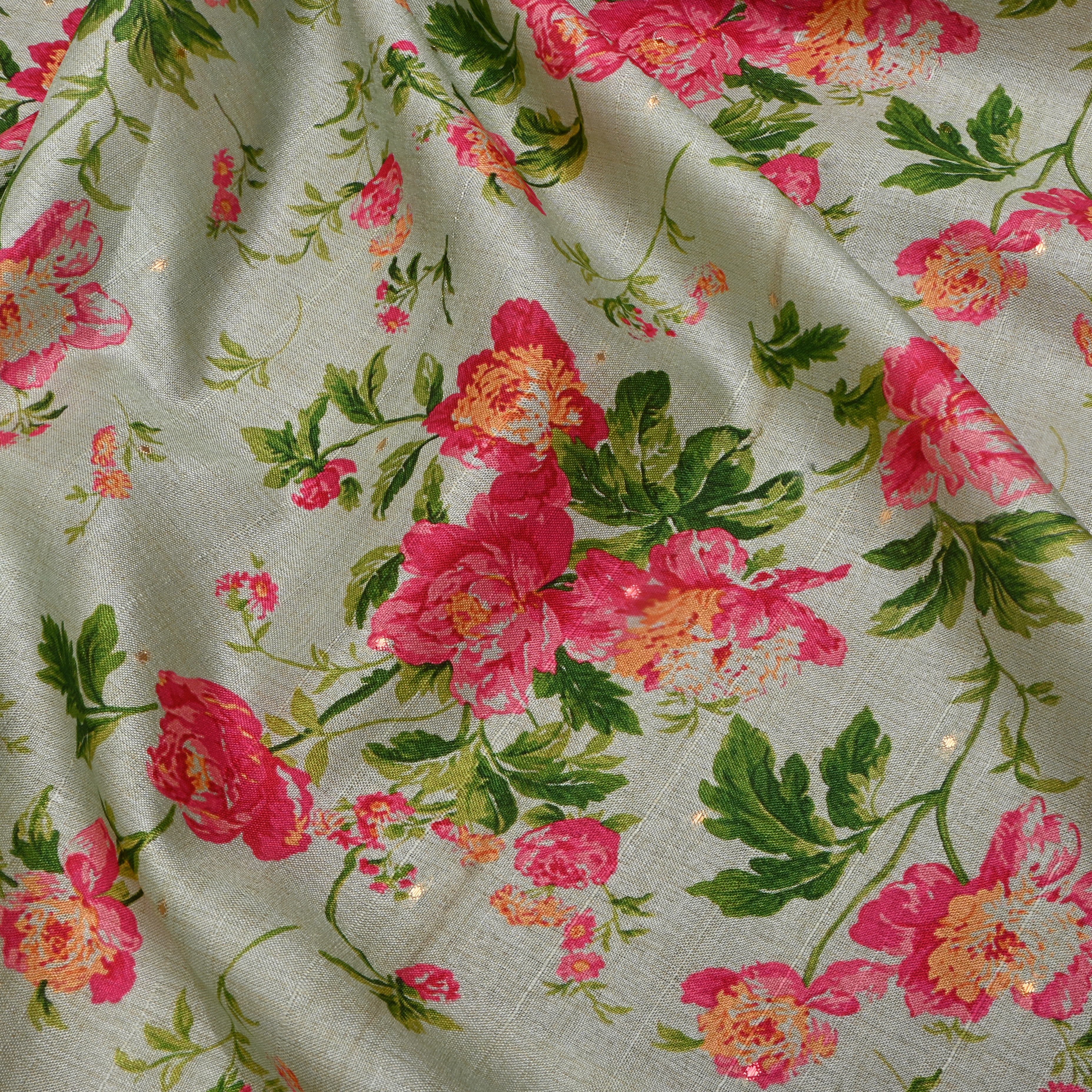Mint Green Tussar Fabric With Floral Prints