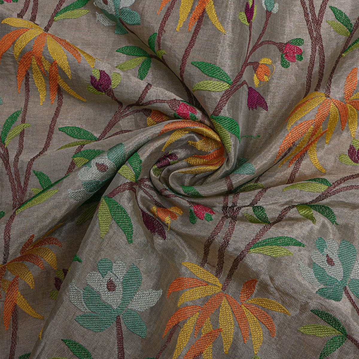 Grey Multicolour Floral Thread Work Tissue Fabric
