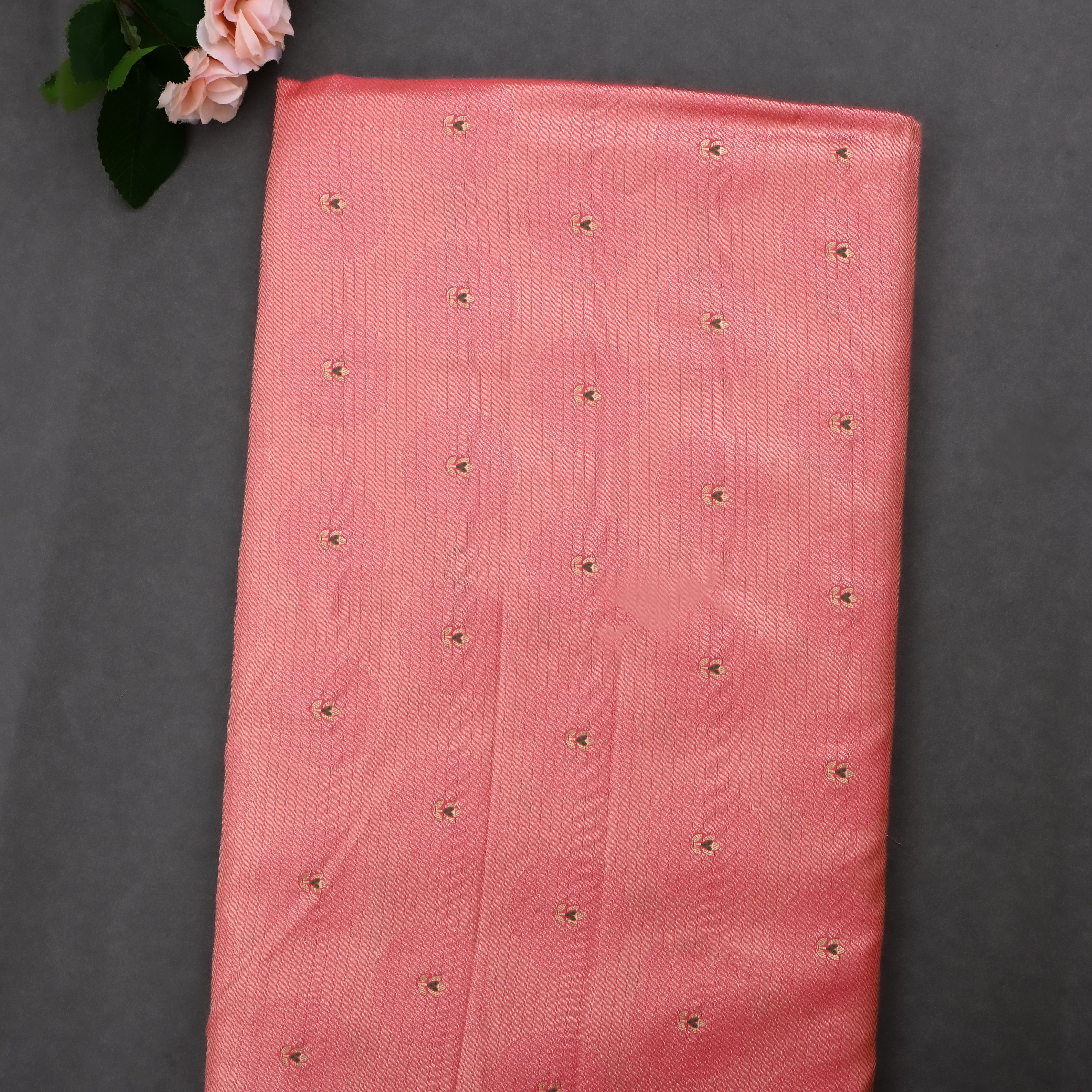 Light Coral Red Jamawar Silk Fabric With Floral Butti'S