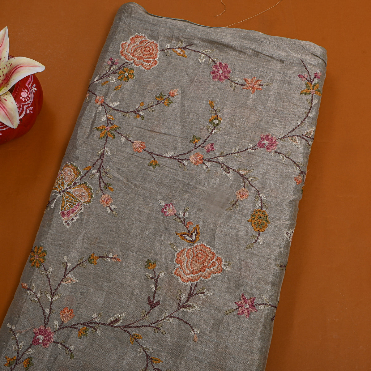 Gray Floral Jaal Butterfly Thread Work Tissue Fabric