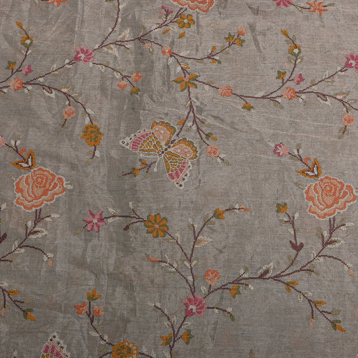 Gray Floral Jaal Butterfly Thread Work Tissue Fabric