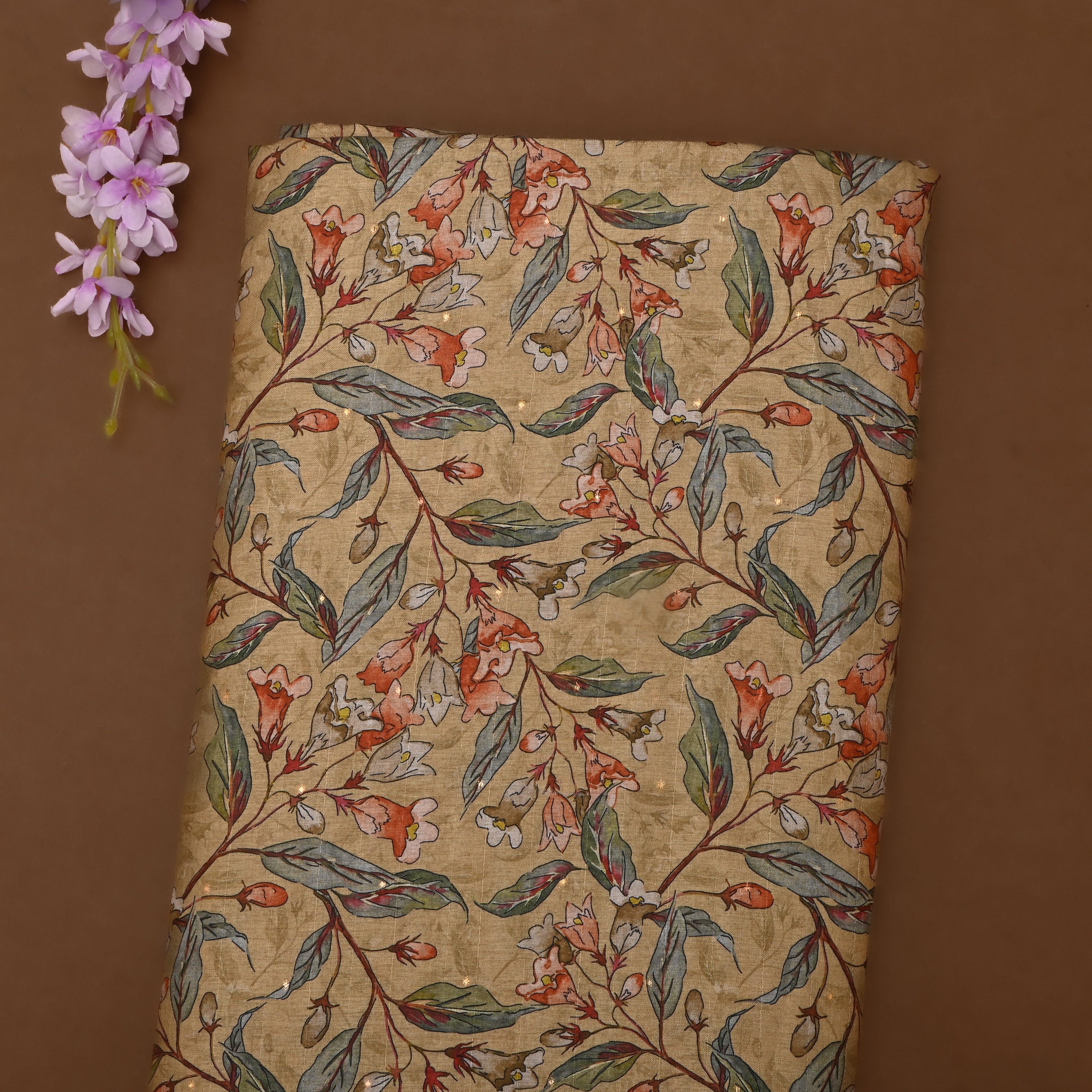 Light French Beige Tussar Fabric With Prints Patterns