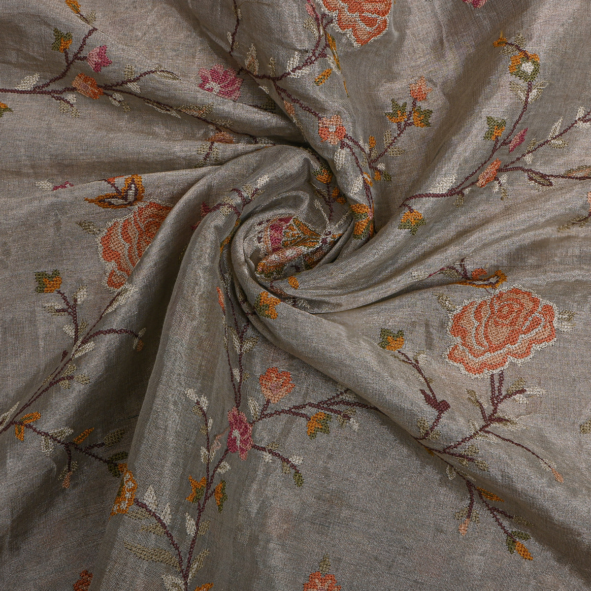 Gray Floral Jaal Butterfly Thread Work Tissue Fabric