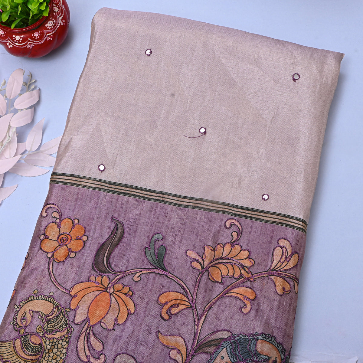 Purple Fancy Bird Butti Printed Dupion Silk Fabric