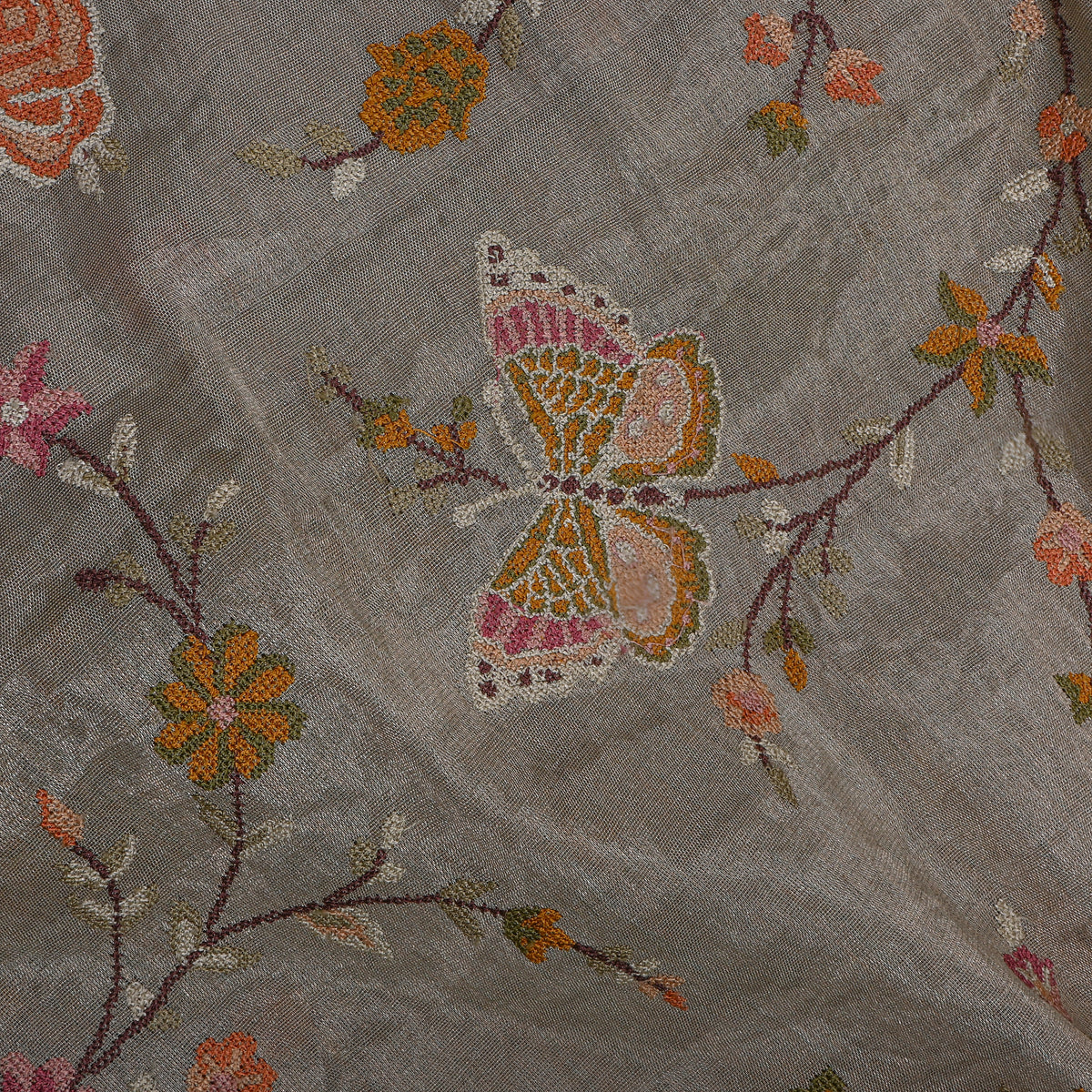 Gray Floral Jaal Butterfly Thread Work Tissue Fabric