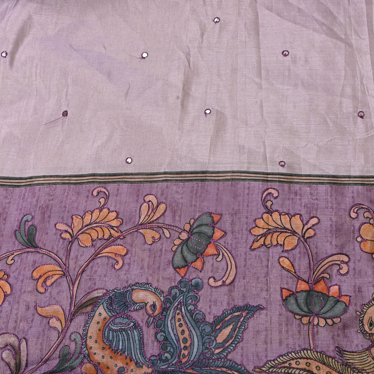 Purple Fancy Bird Butti Printed Dupion Silk Fabric