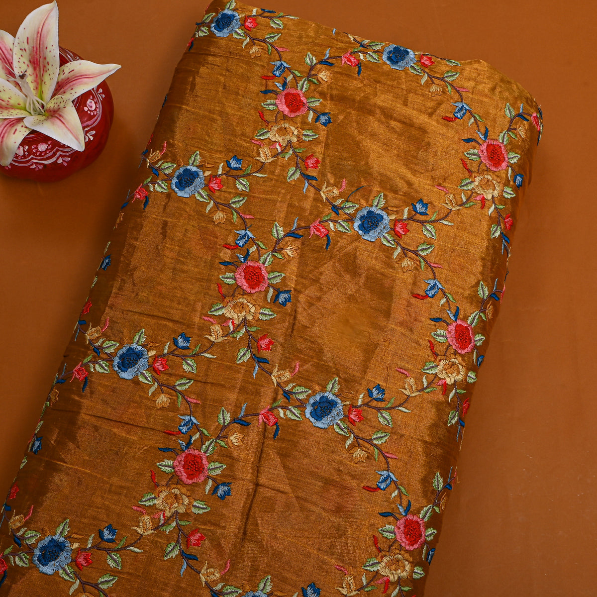 Rust Metallic Blue Red Floral Thread Work Tissue Fabric