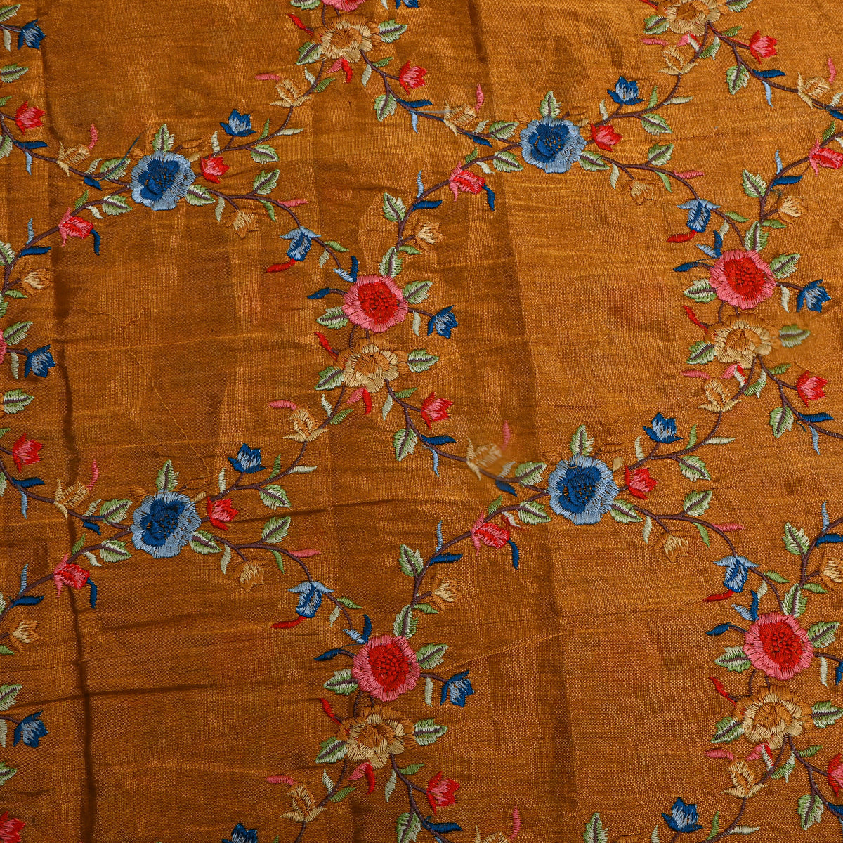 Rust Metallic Blue Red Floral Thread Work Tissue Fabric