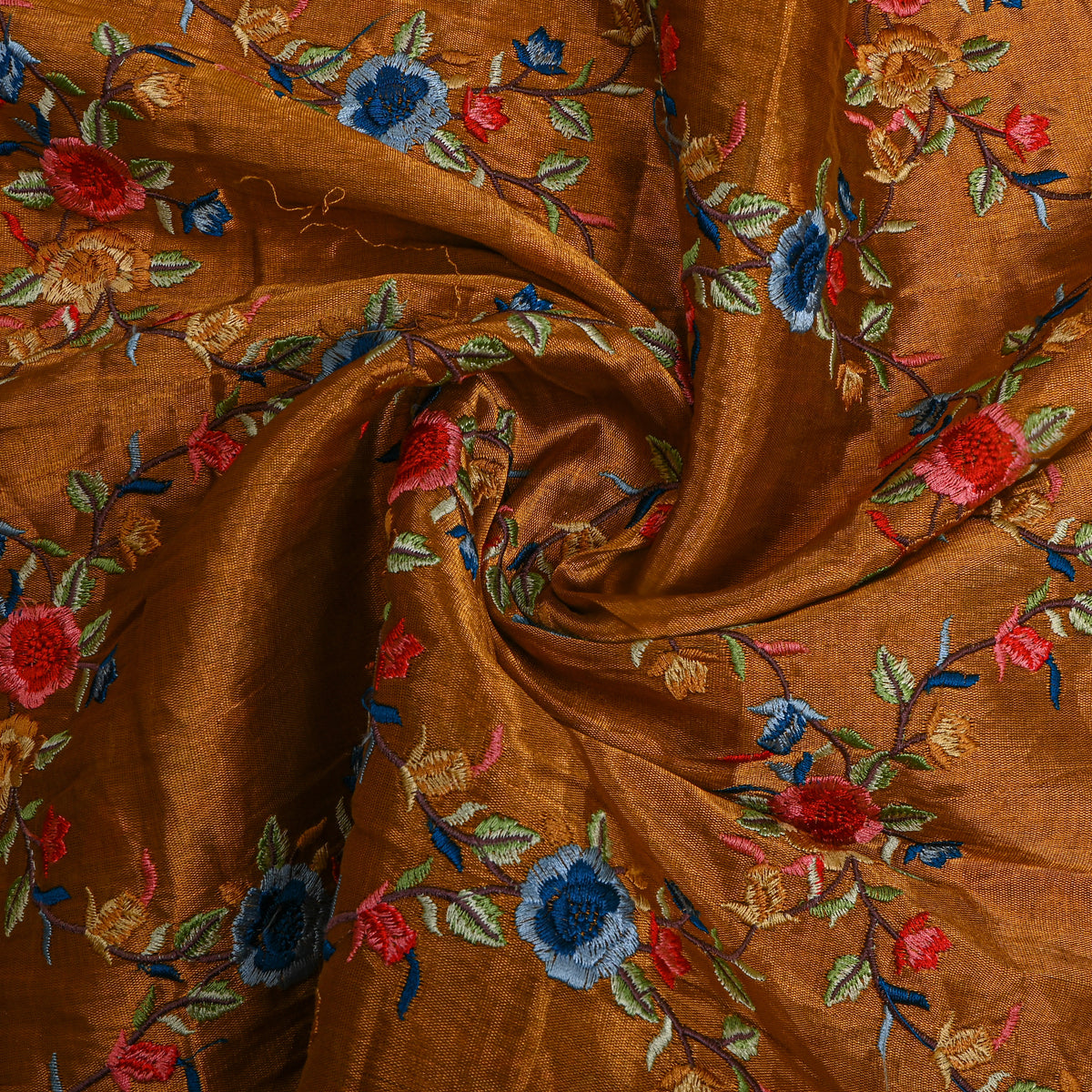 Rust Metallic Blue Red Floral Thread Work Tissue Fabric