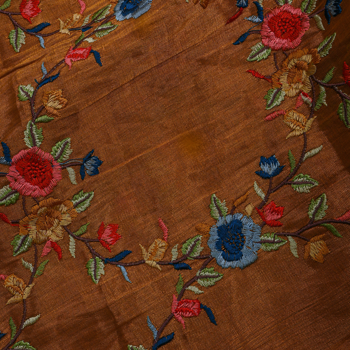 Rust Metallic Blue Red Floral Thread Work Tissue Fabric