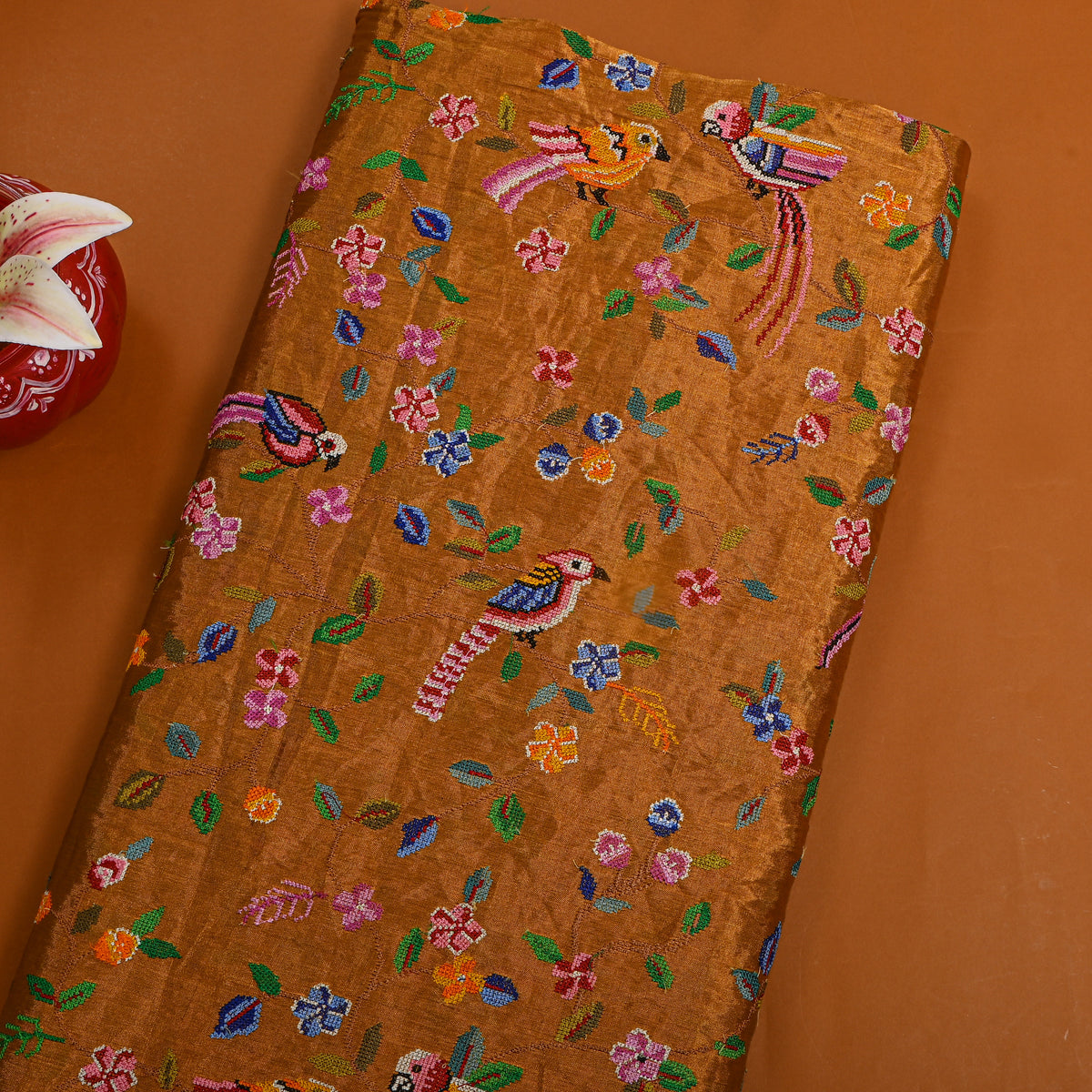Mustard Yellow Colourful Thread Work Floral Jaal Tissue Fabric