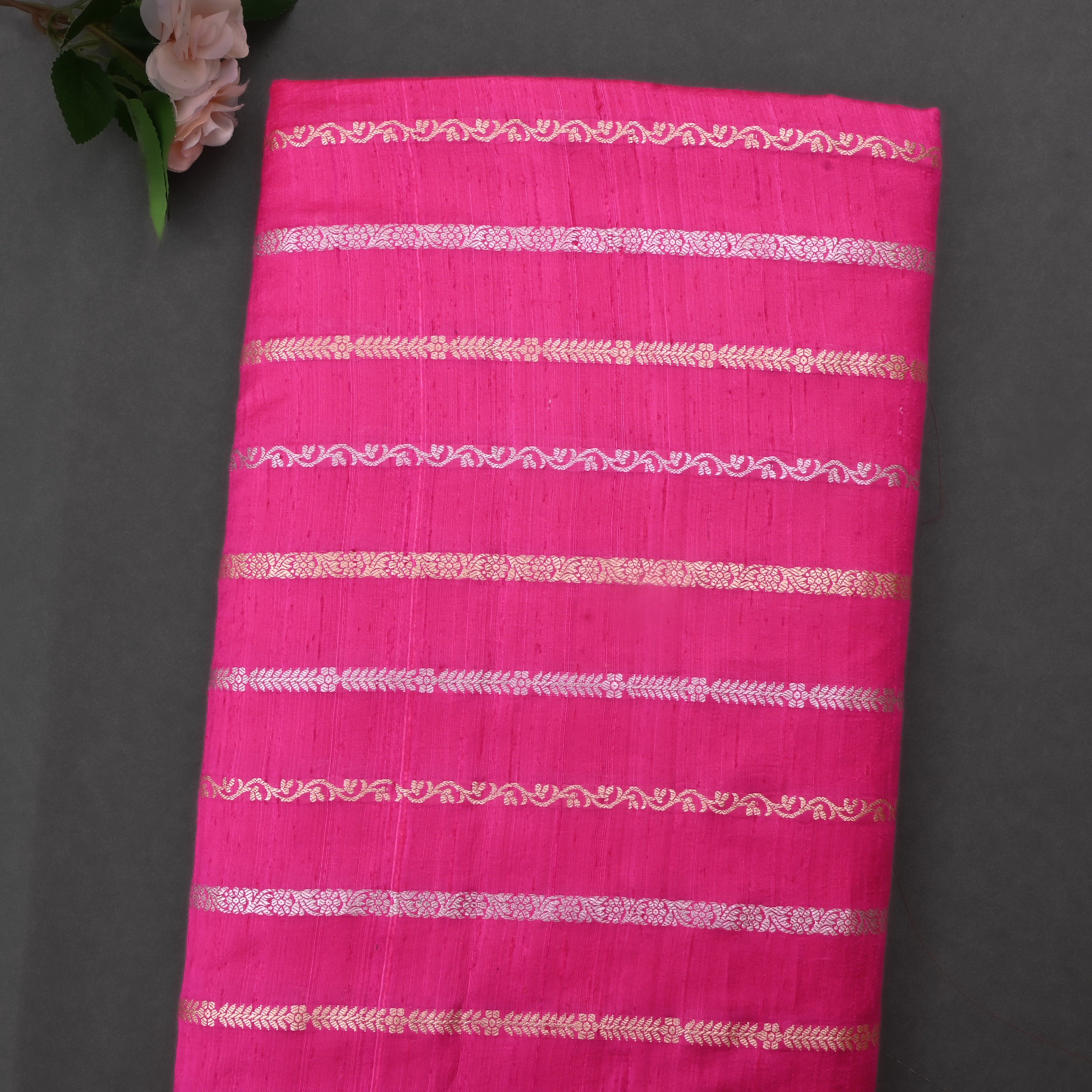 Cerise Pink Jamawar Dupion Fabric With Stripes