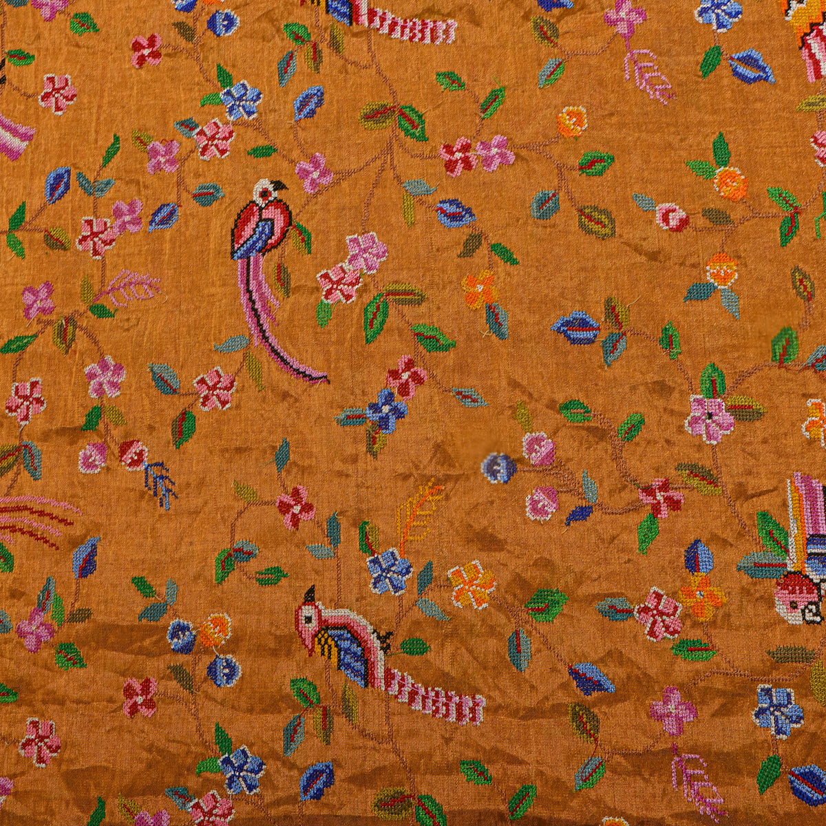 Mustard Yellow Colourful Thread Work Floral Jaal Tissue Fabric