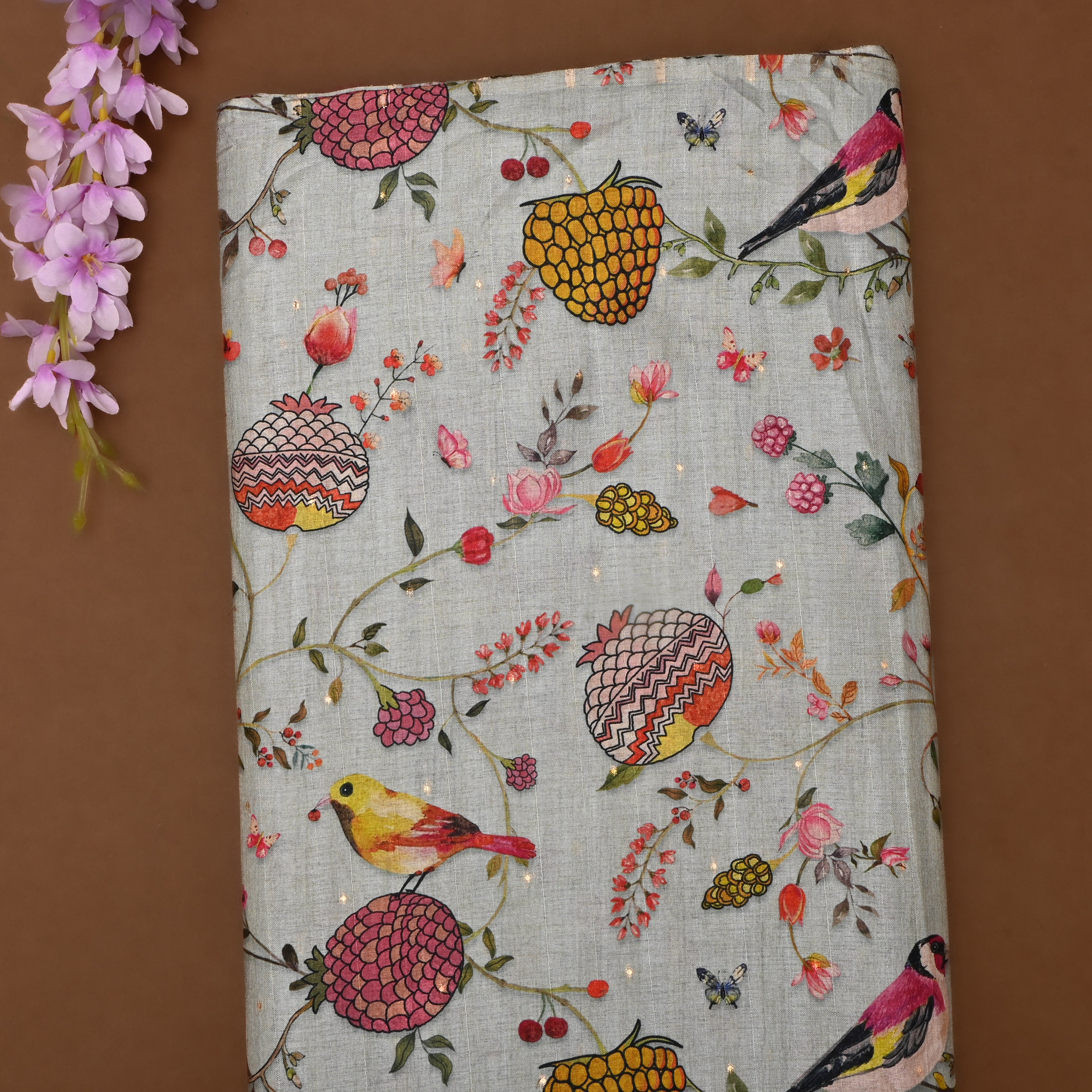 Light Grey Tussar Fabric With Digital Print Patterns