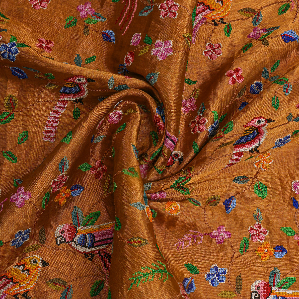Mustard Yellow Colourful Thread Work Floral Jaal Tissue Fabric